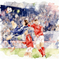 I have a dream Scotland qualify for the World Cup 2026 Watercolour illustration of Scotland Goal agents Denmark football  match with players in action on a field.