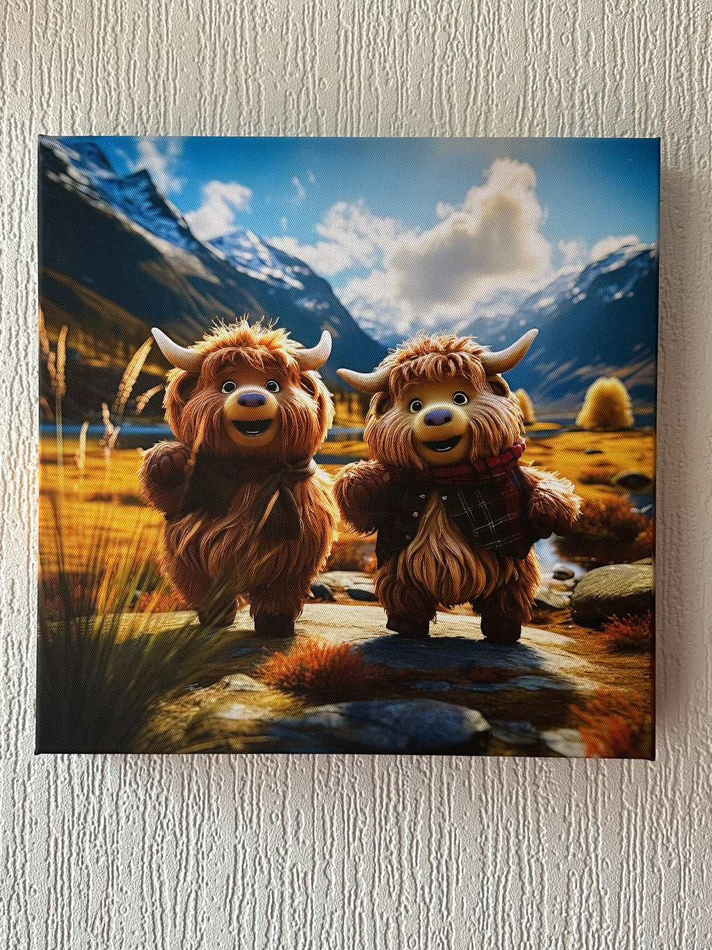 Two animated cow characters standing on a mountain with a blue sky and clouds in the background.