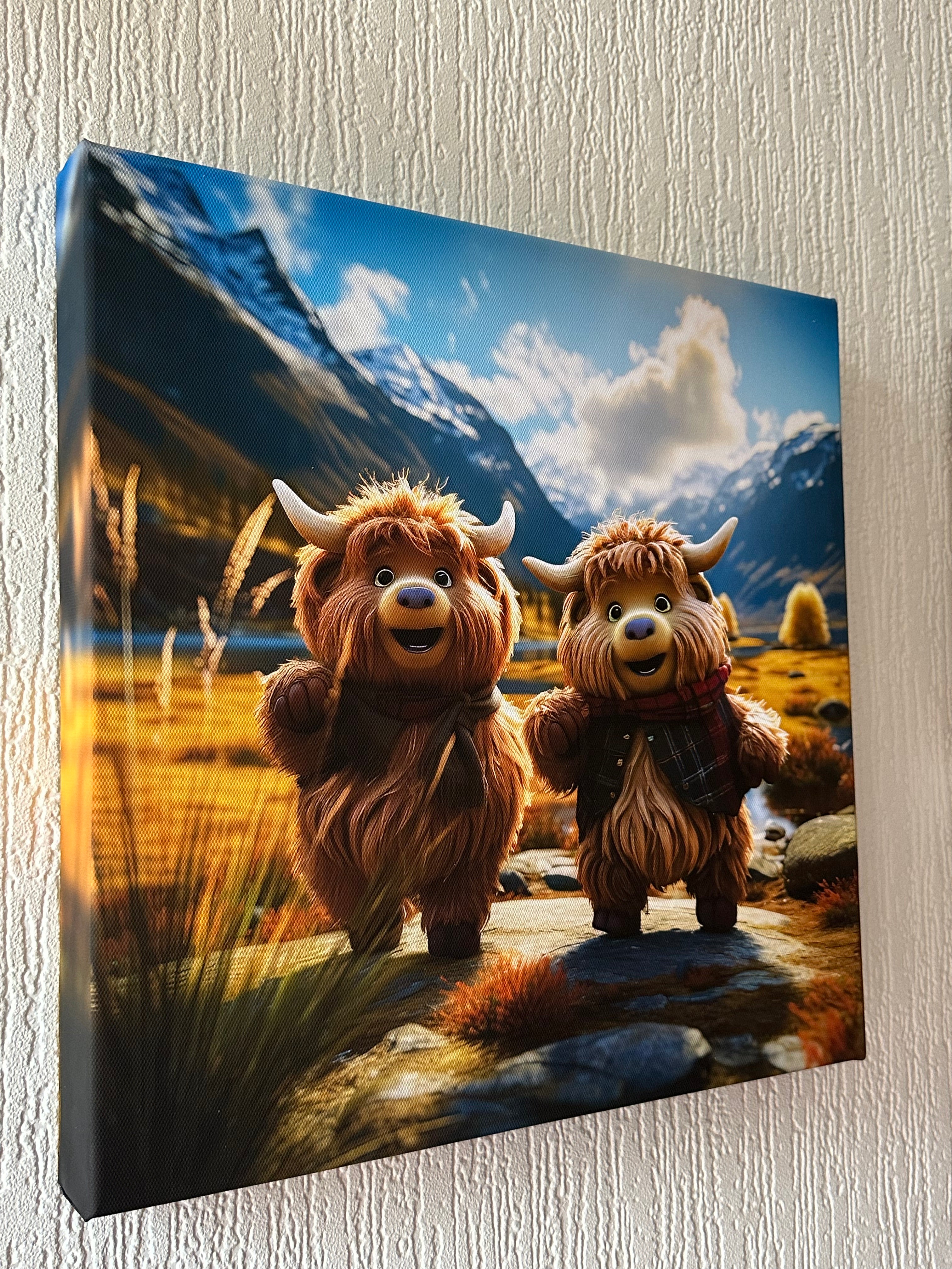 Two animated characters standing on a mountain with a scenic background