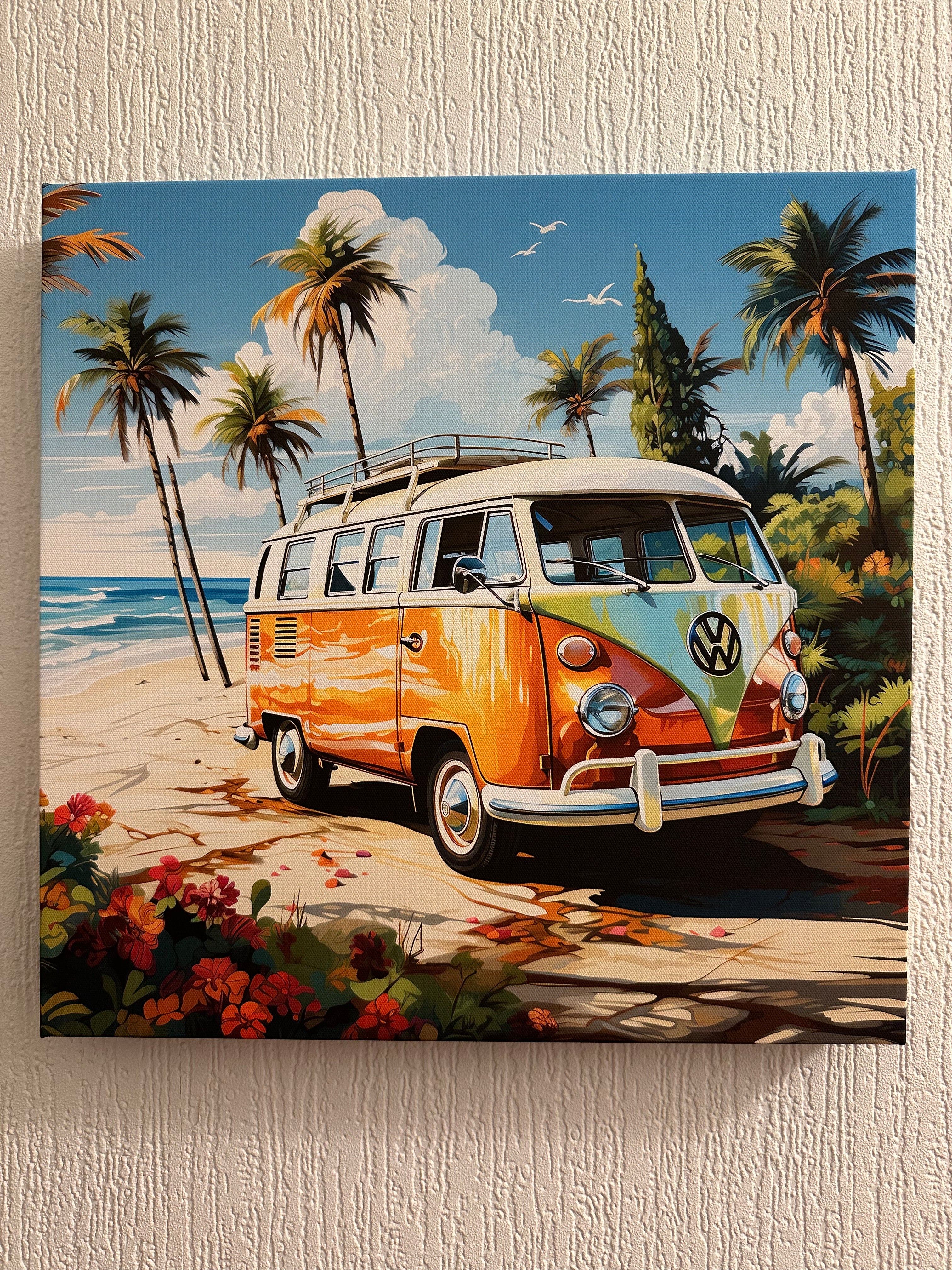 Colorful painting of a vintage van on a beach with palm trees and flowers.