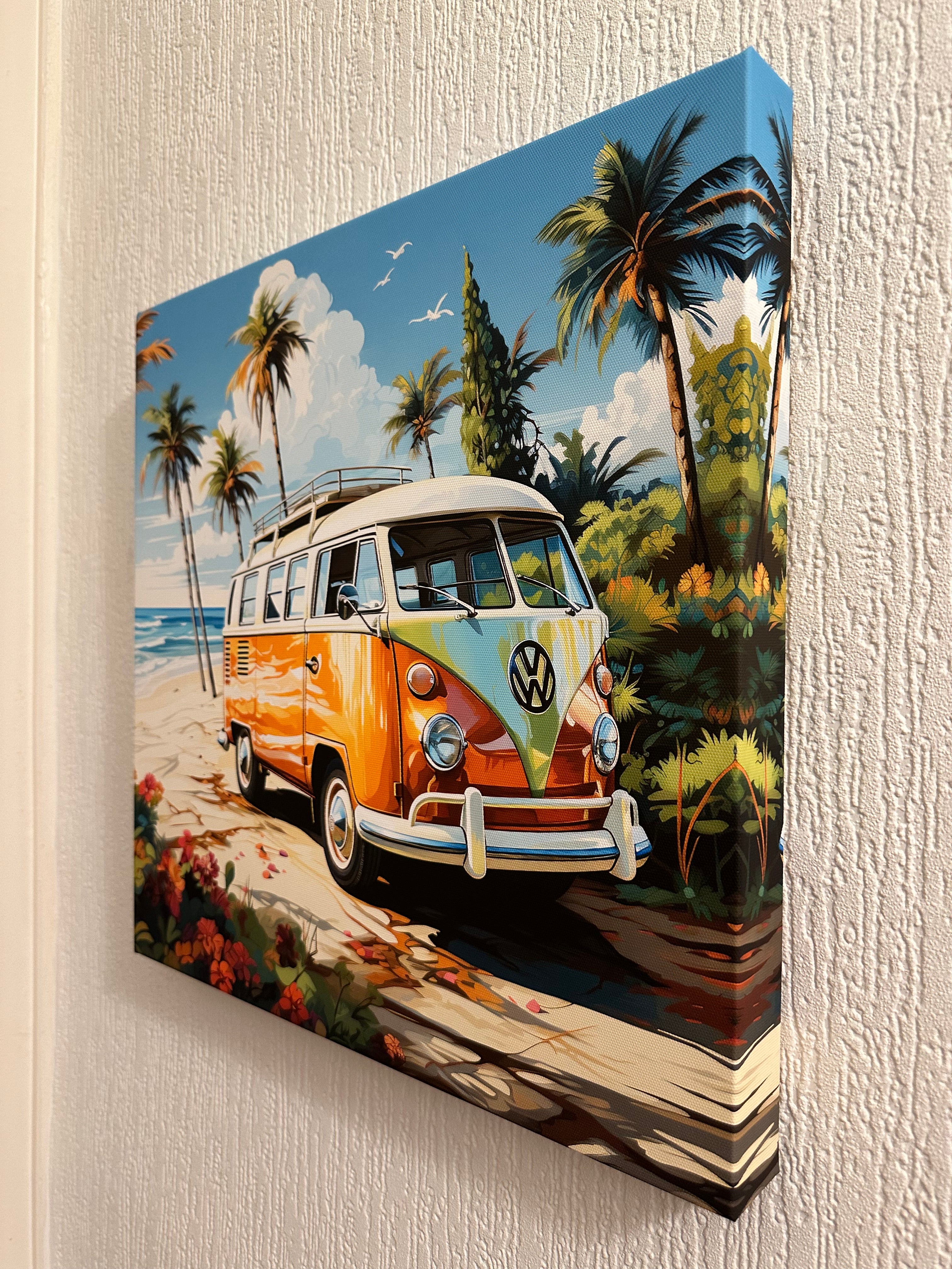 Canvas print of a vintage van with tropical scenery