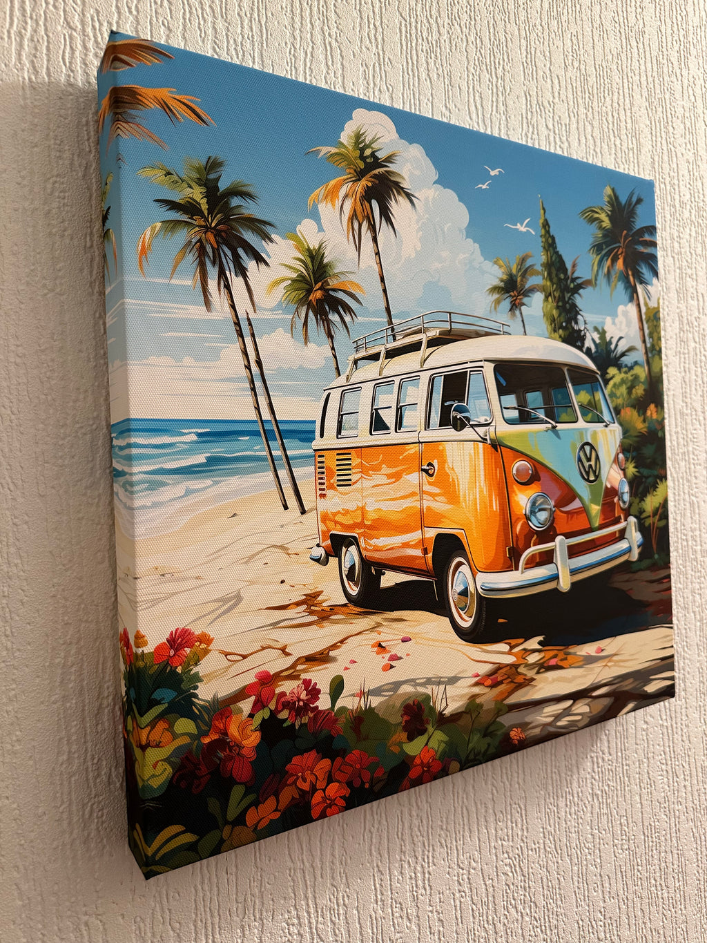 Canvas print of a vintage van on a beach with palm trees and flowers.