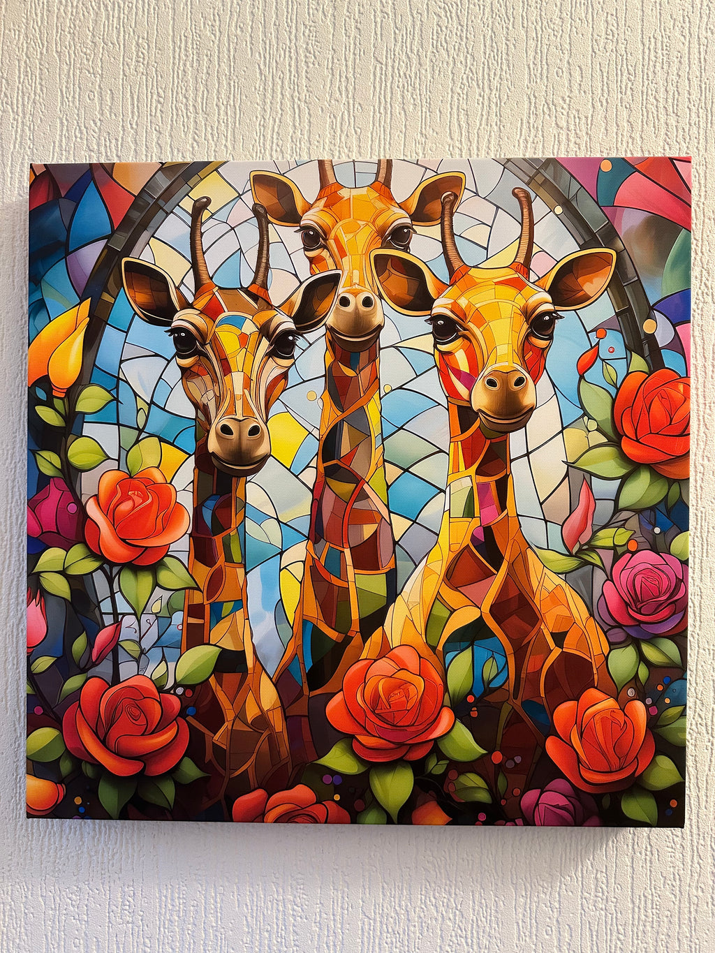 Colorful mosaic artwork of giraffes and flowers on a textured wall.