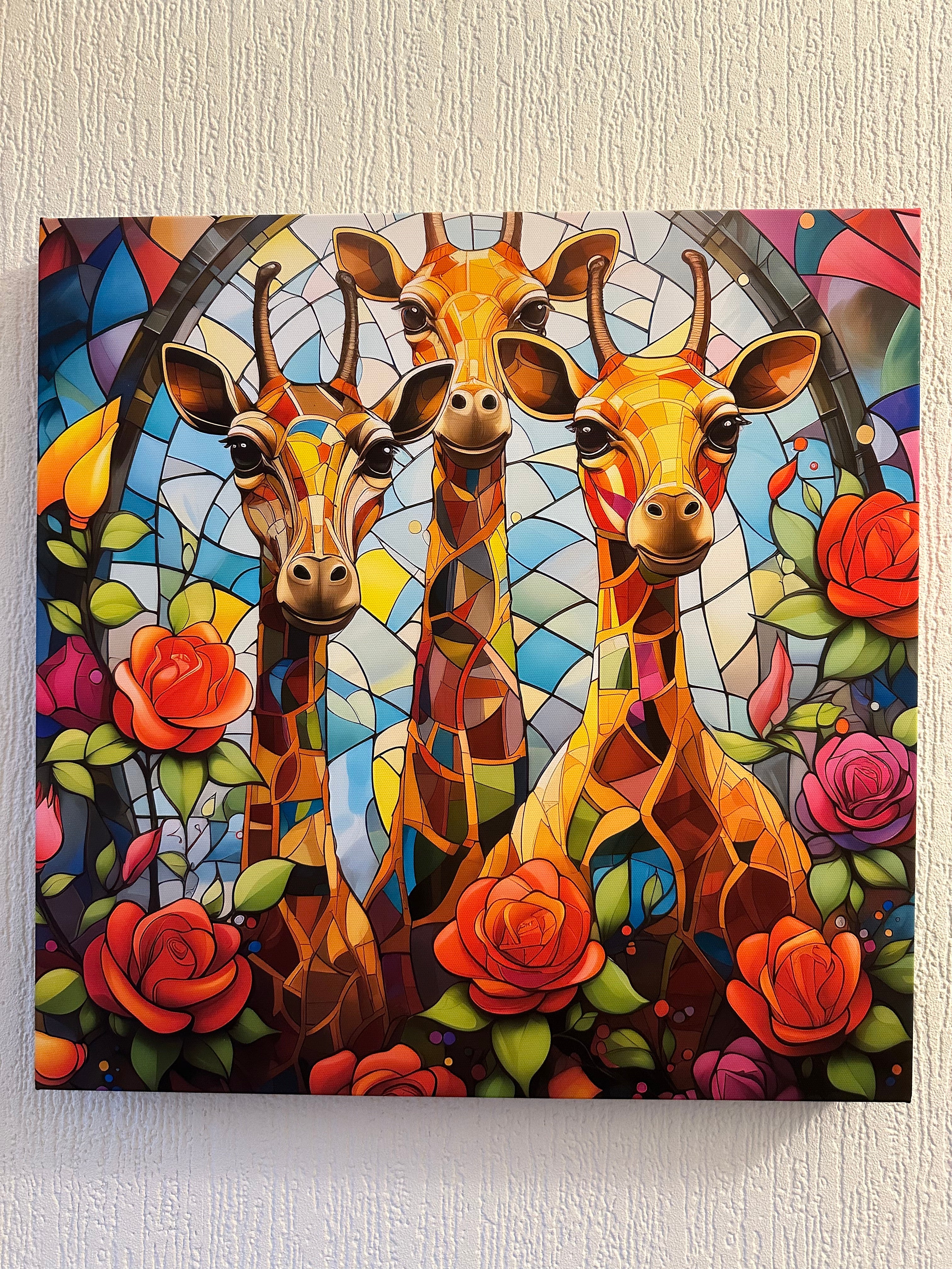 Colorful mosaic artwork of giraffes and flowers on a textured wall.