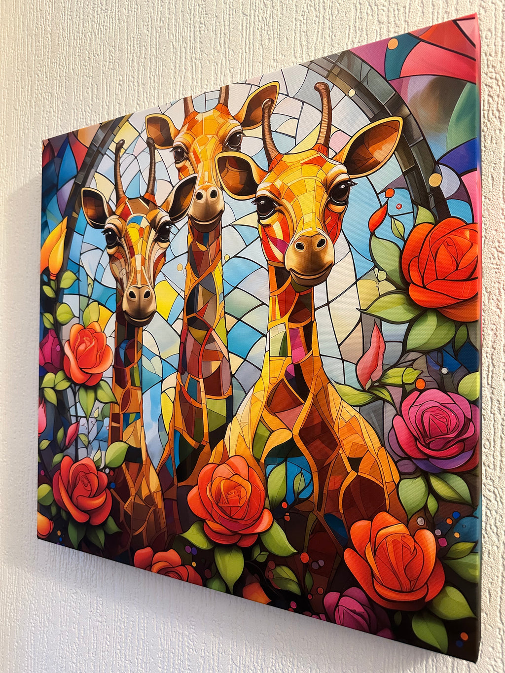 Colorful mosaic art of a giraffe and flowers on a white wall.