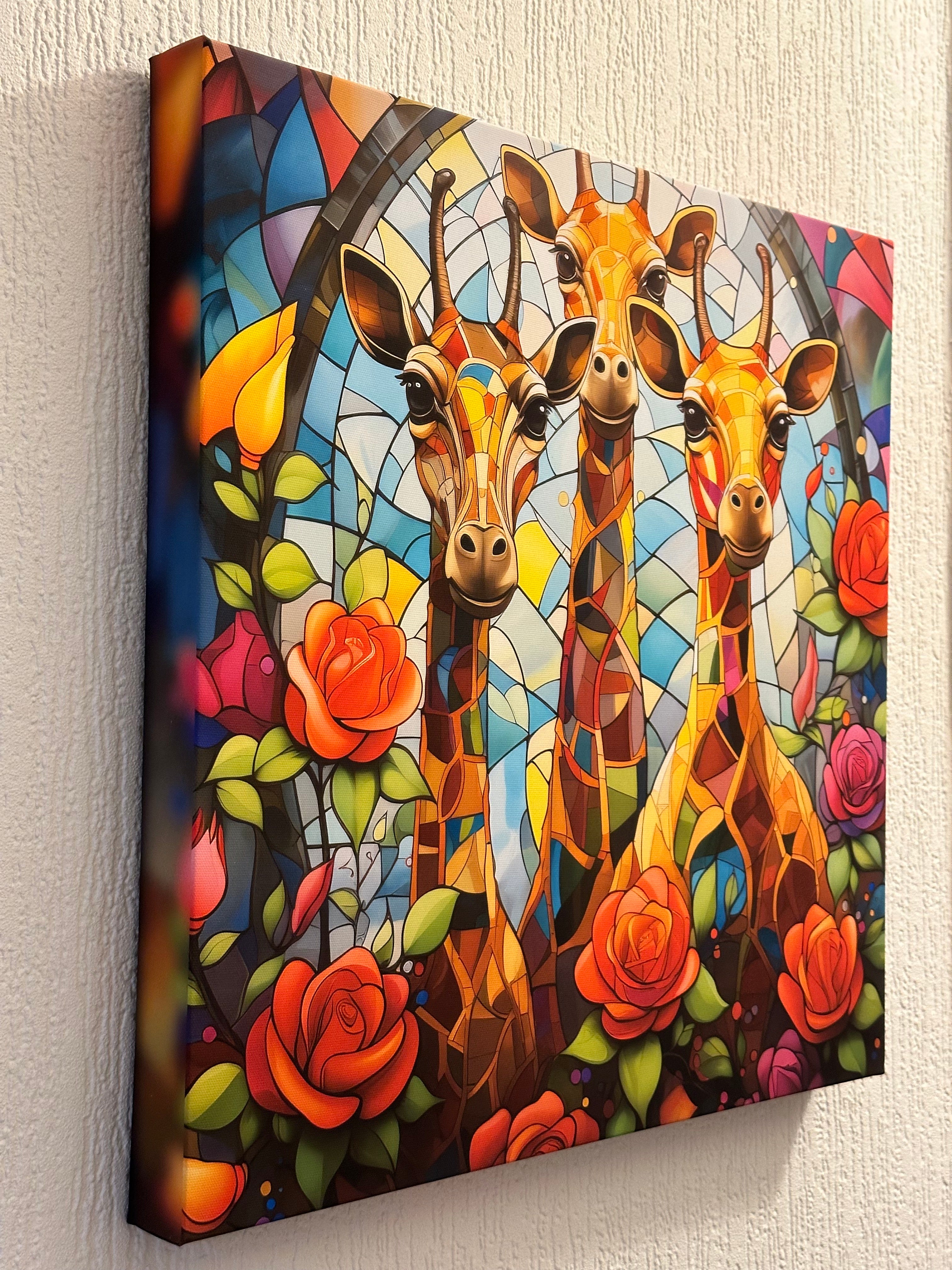 Colorful artwork of two giraffes and flowers on a textured wall.