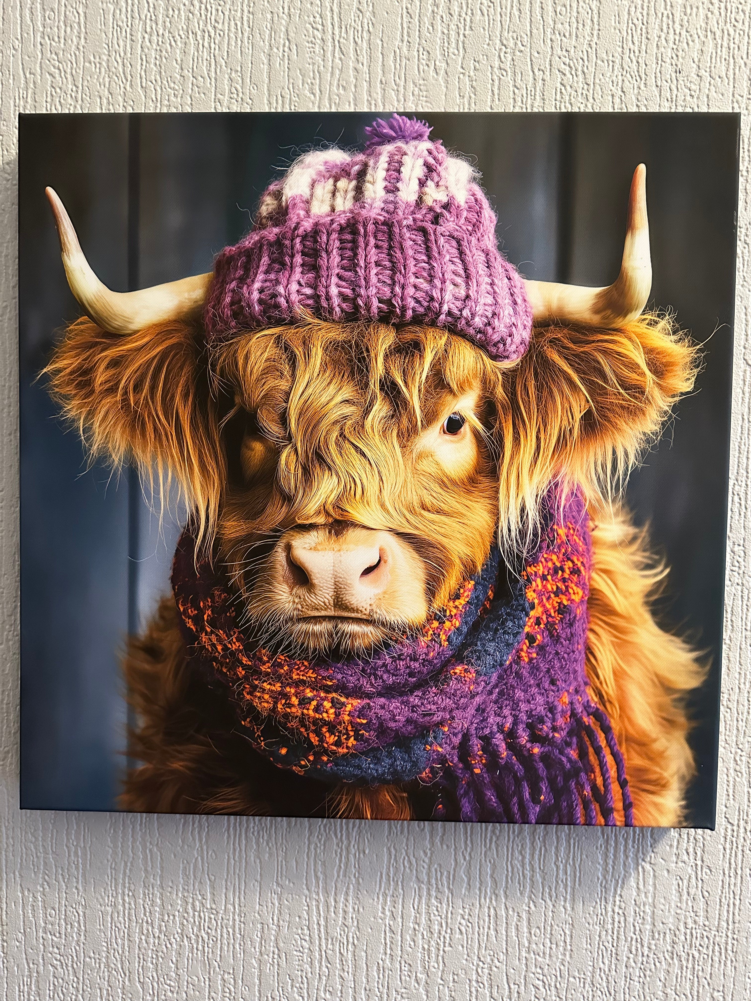 Highland cow wearing a knitted hat on a textured wall