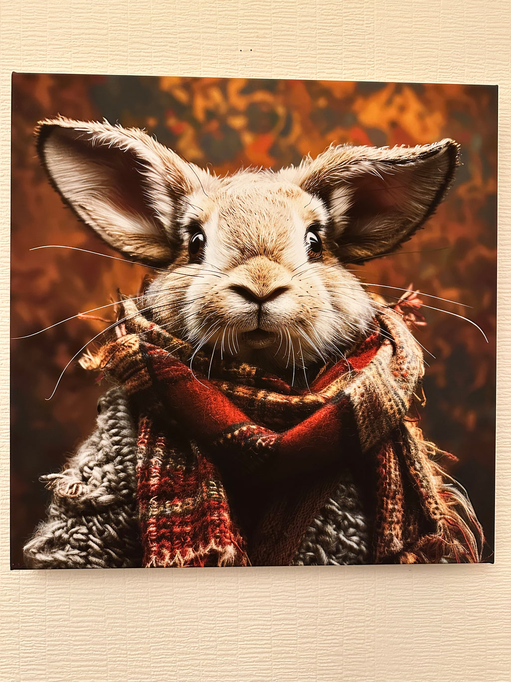 Close-up of a rabbit wearing a red scarf with a warm, textured background