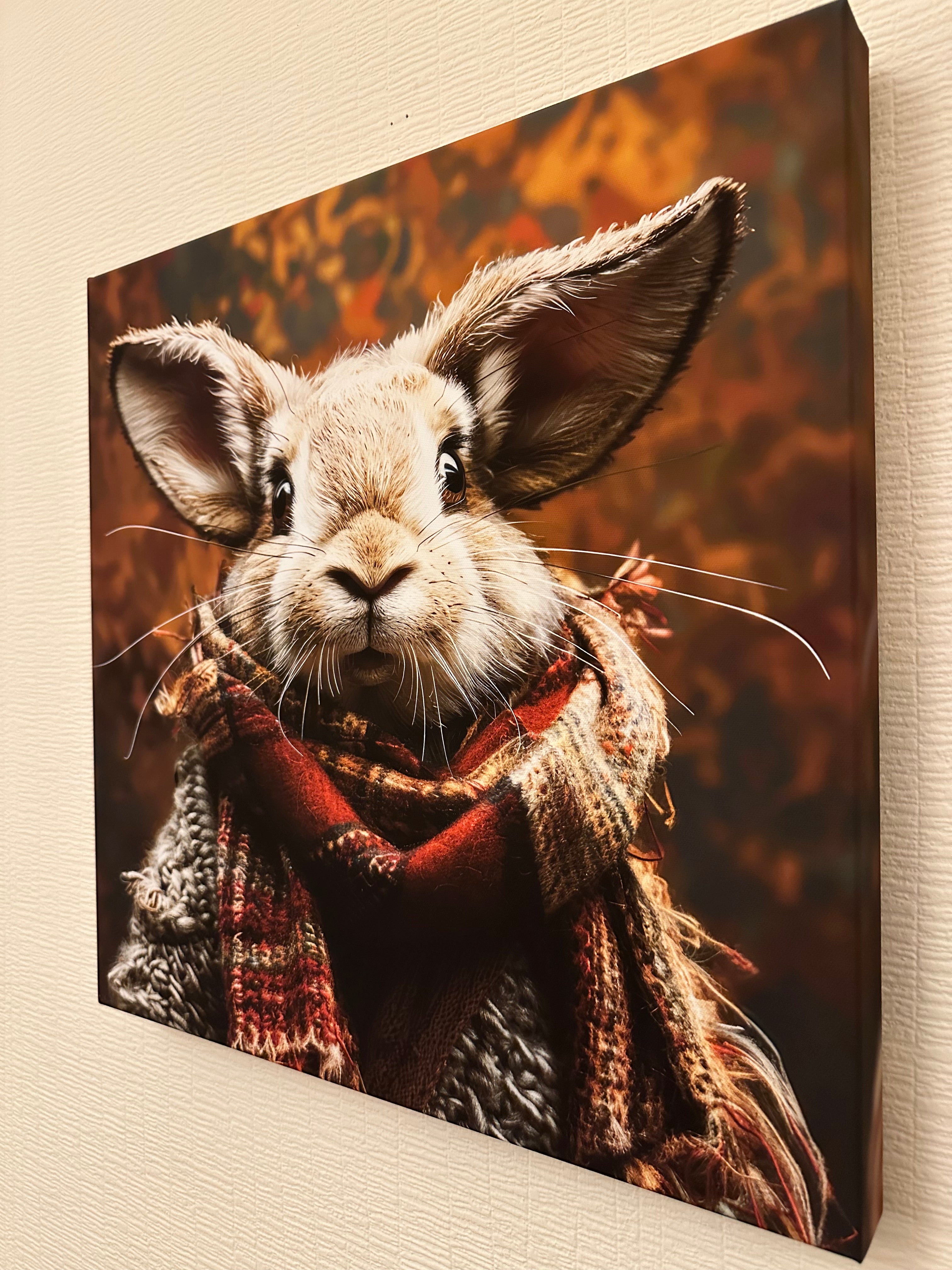 Canvas print of a rabbit wearing a plaid scarf on a textured surface