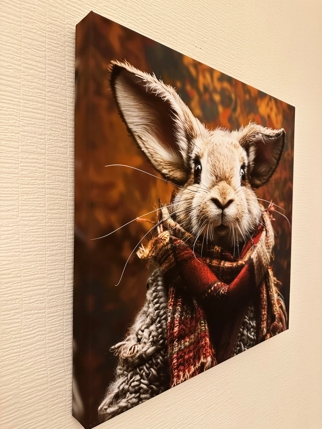 Canvas print of a cat wearing a red scarf on a beige surface