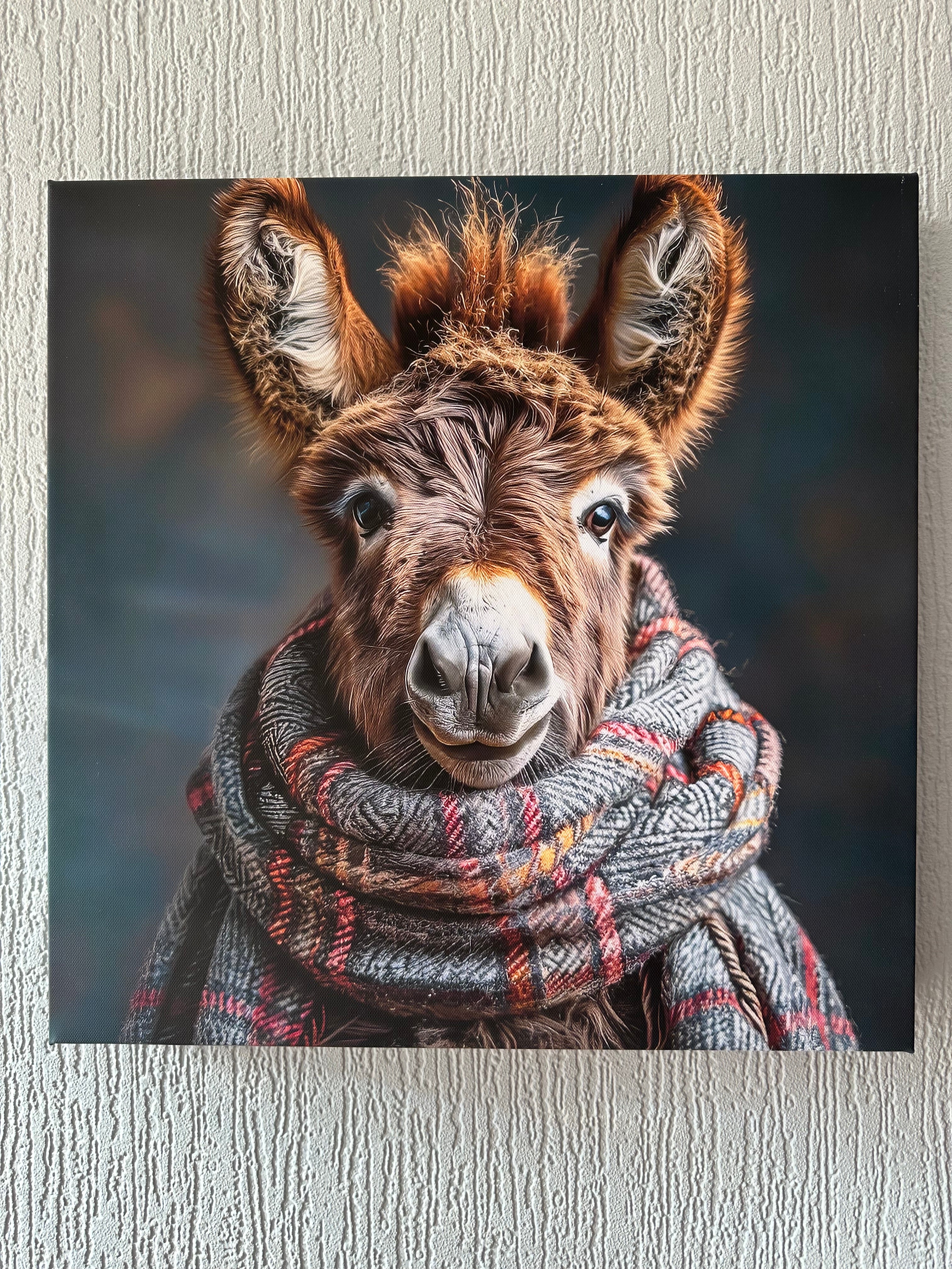 Donkey wrapped in a plaid blanket on a textured surface