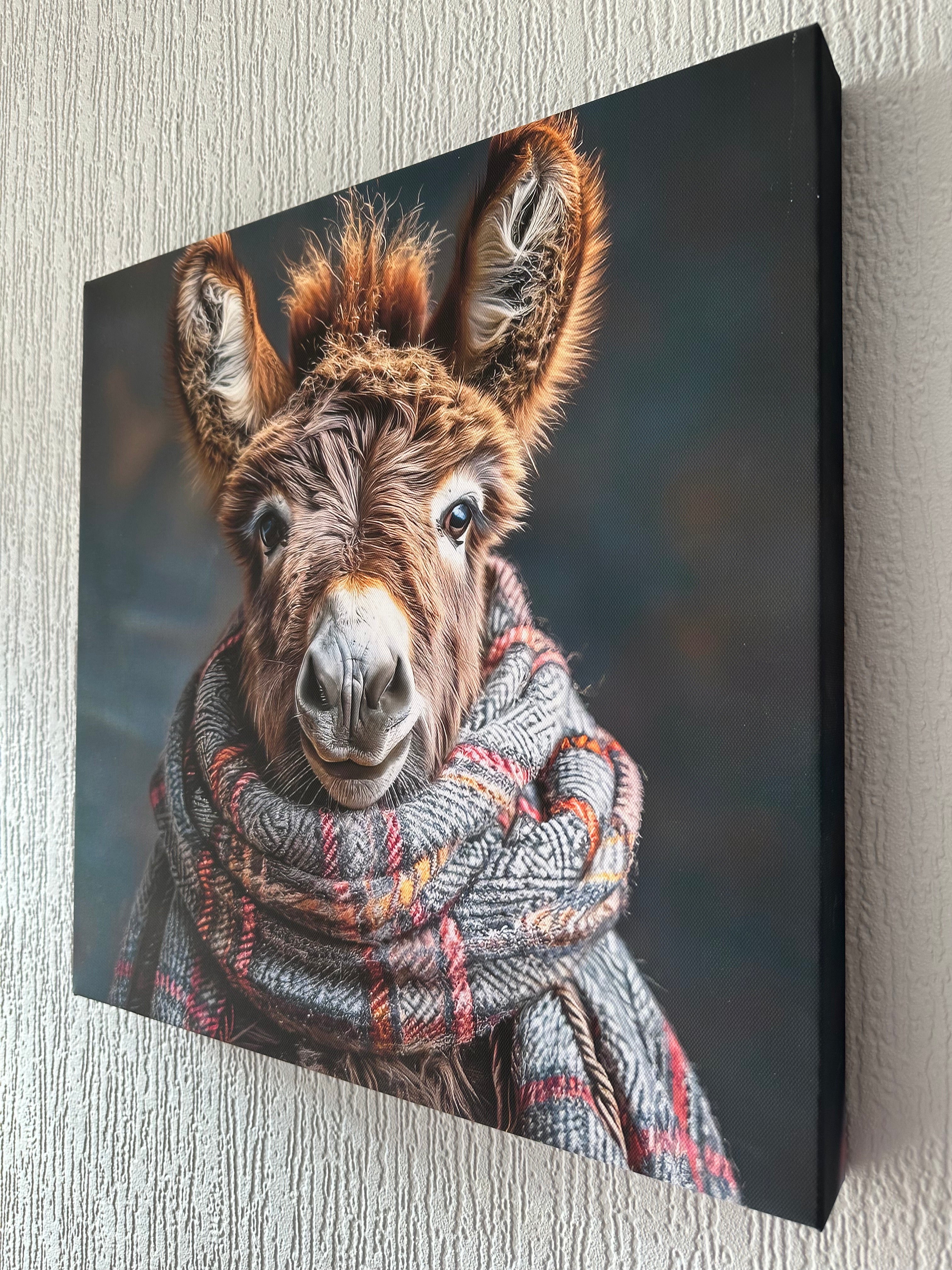 Canvas print of a donkey wearing a plaid scarf on a textured surface