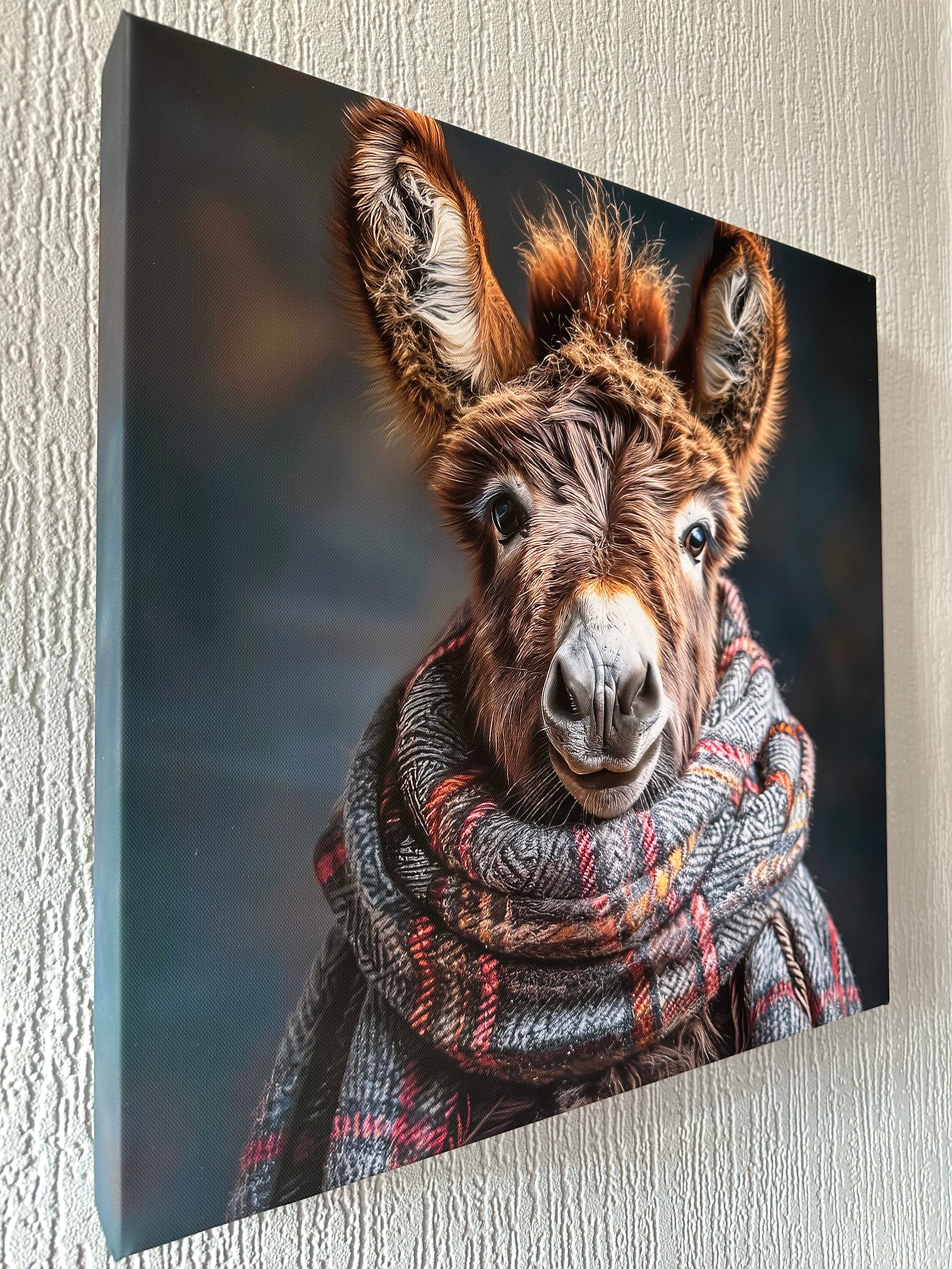 Donkey wearing a colorful scarf on a textured surface