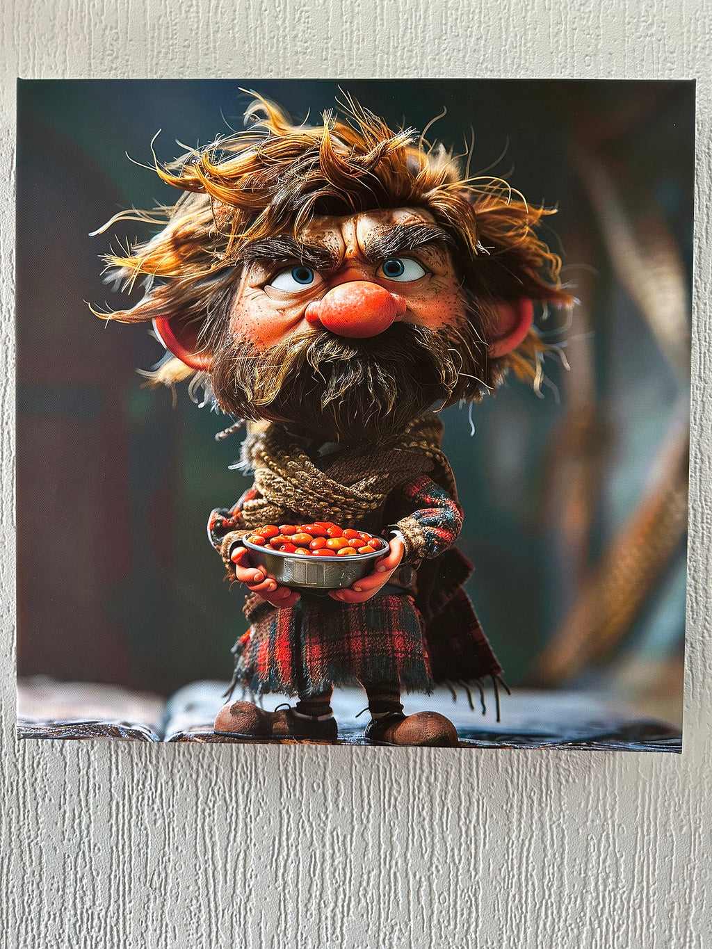 Close-up of a puppet with a textured wall background