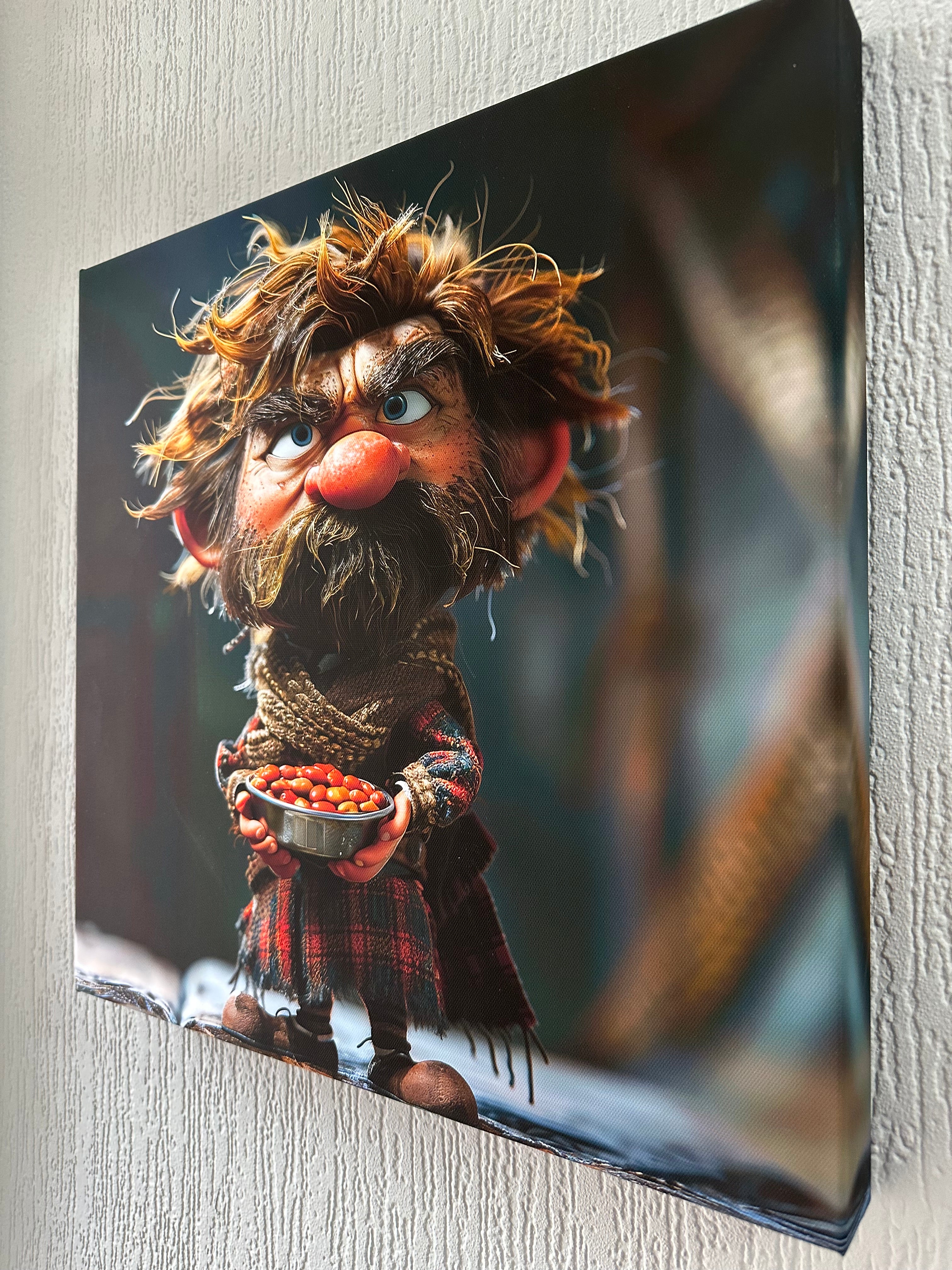 Close-up of a character with plaid clothing and a red nose on a textured surface