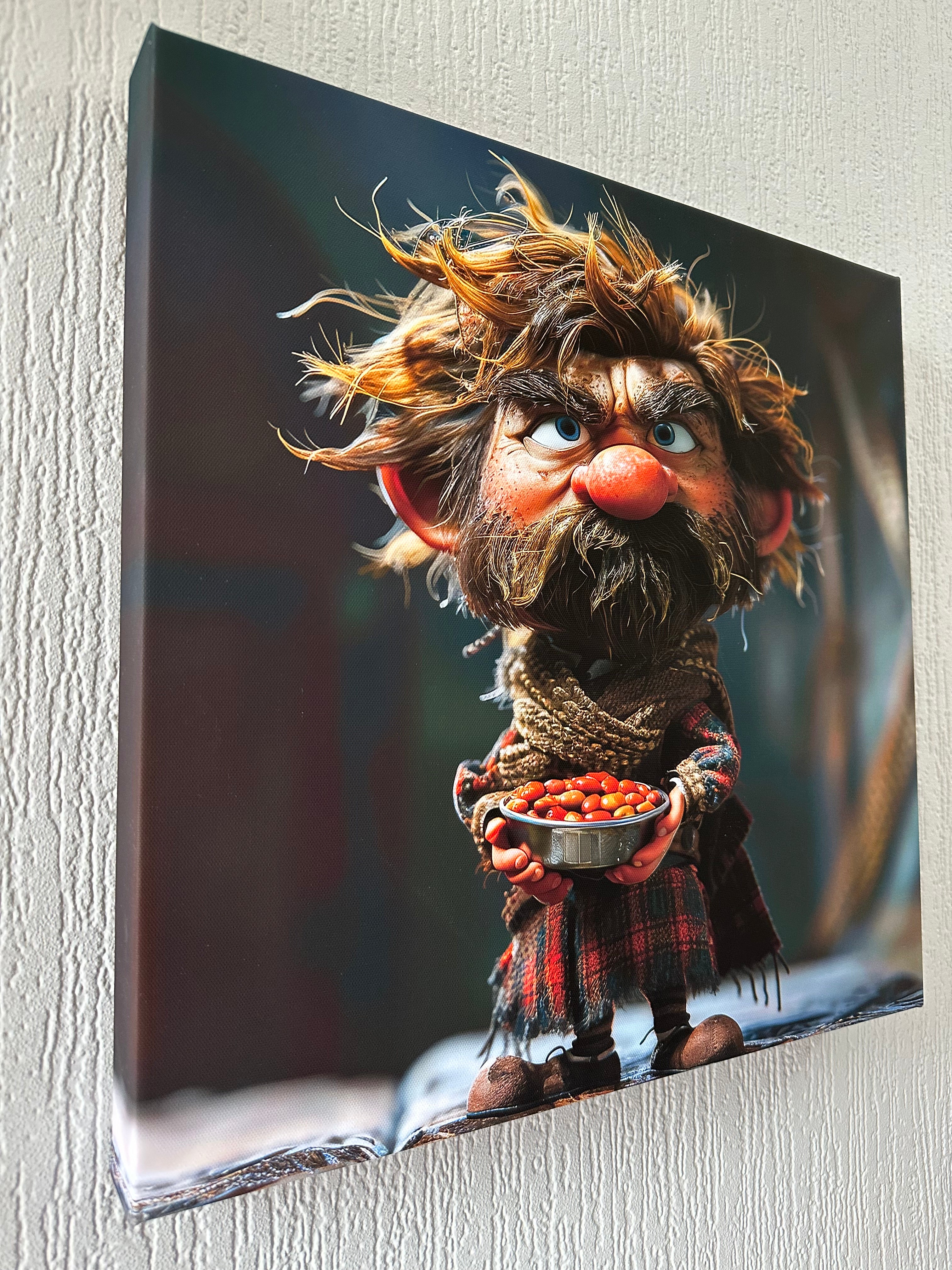 Canvas print of a character with plaid accents on a textured surface