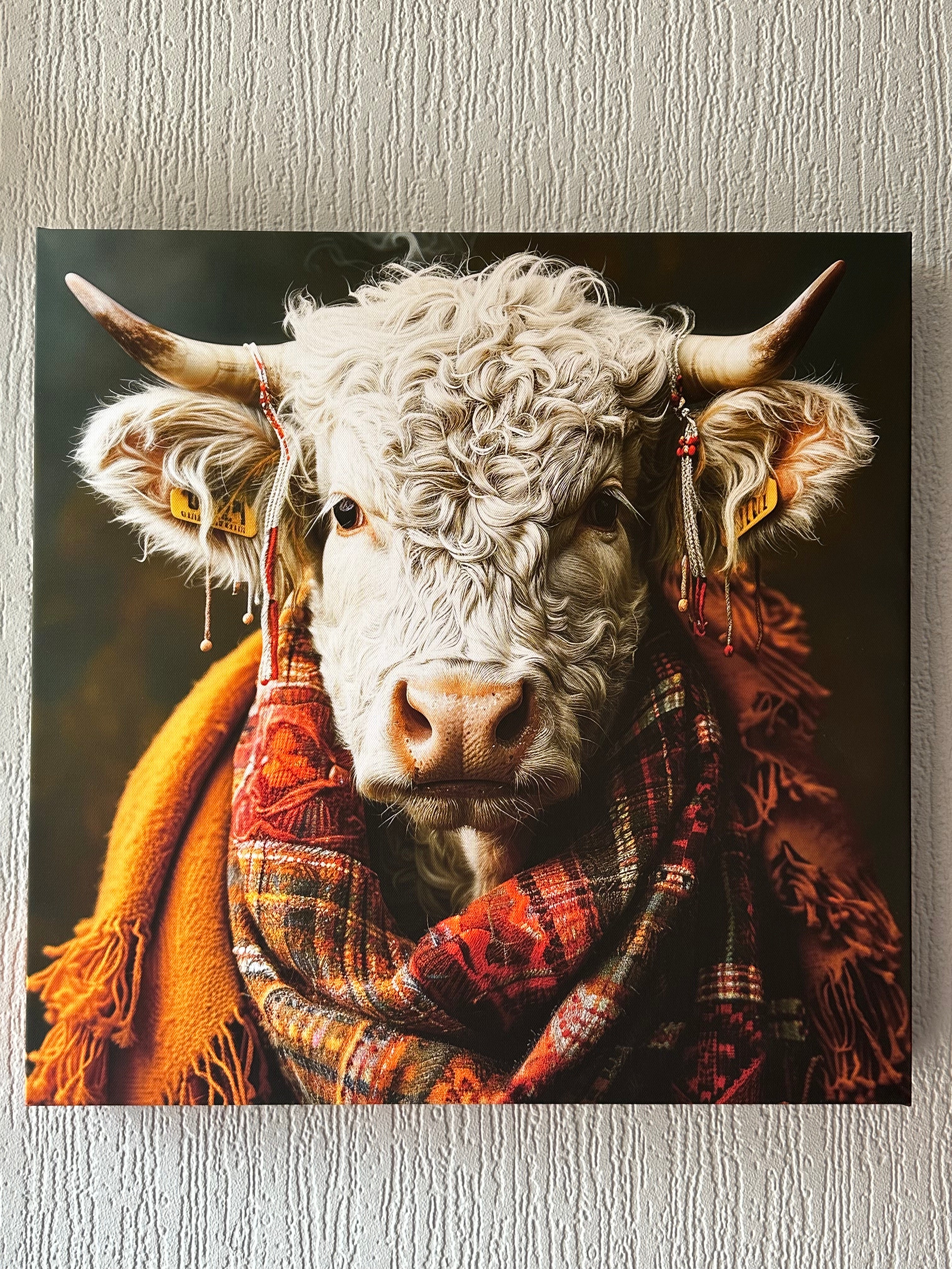 Calf wearing a plaid blanket on a textured wall background