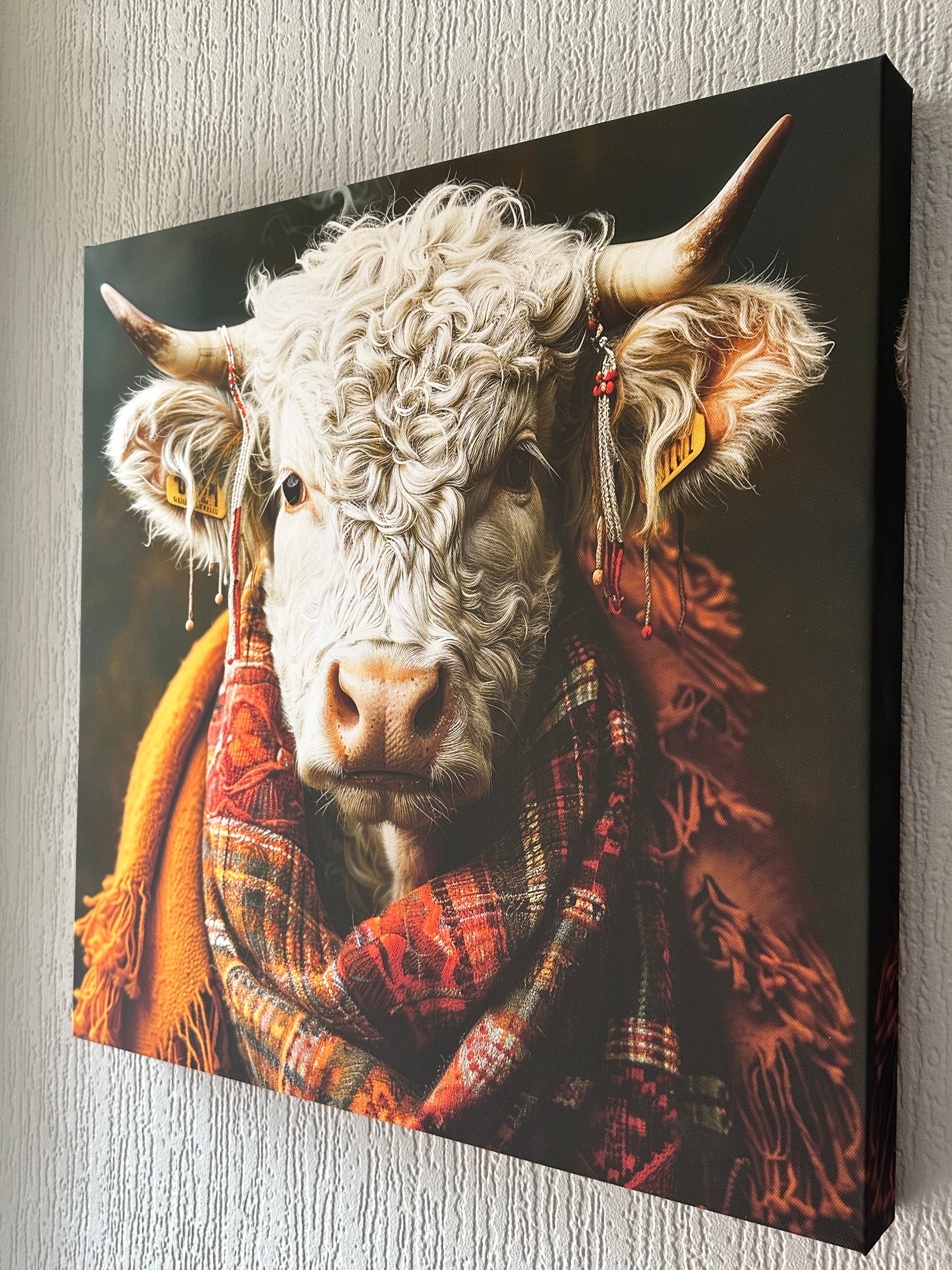 Canvas print of a cow wearing a plaid blanket on a wooden surface