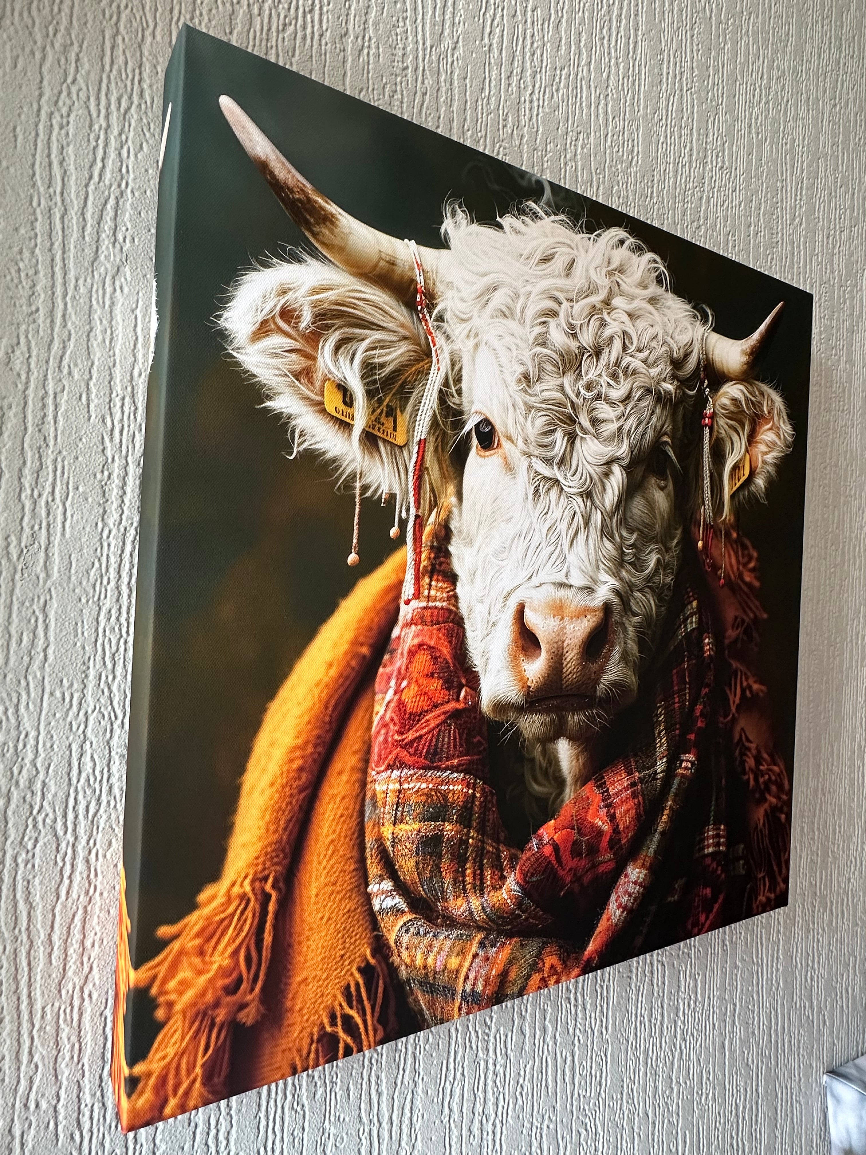 Framed picture of a cow with a plaid blanket on a textured surface