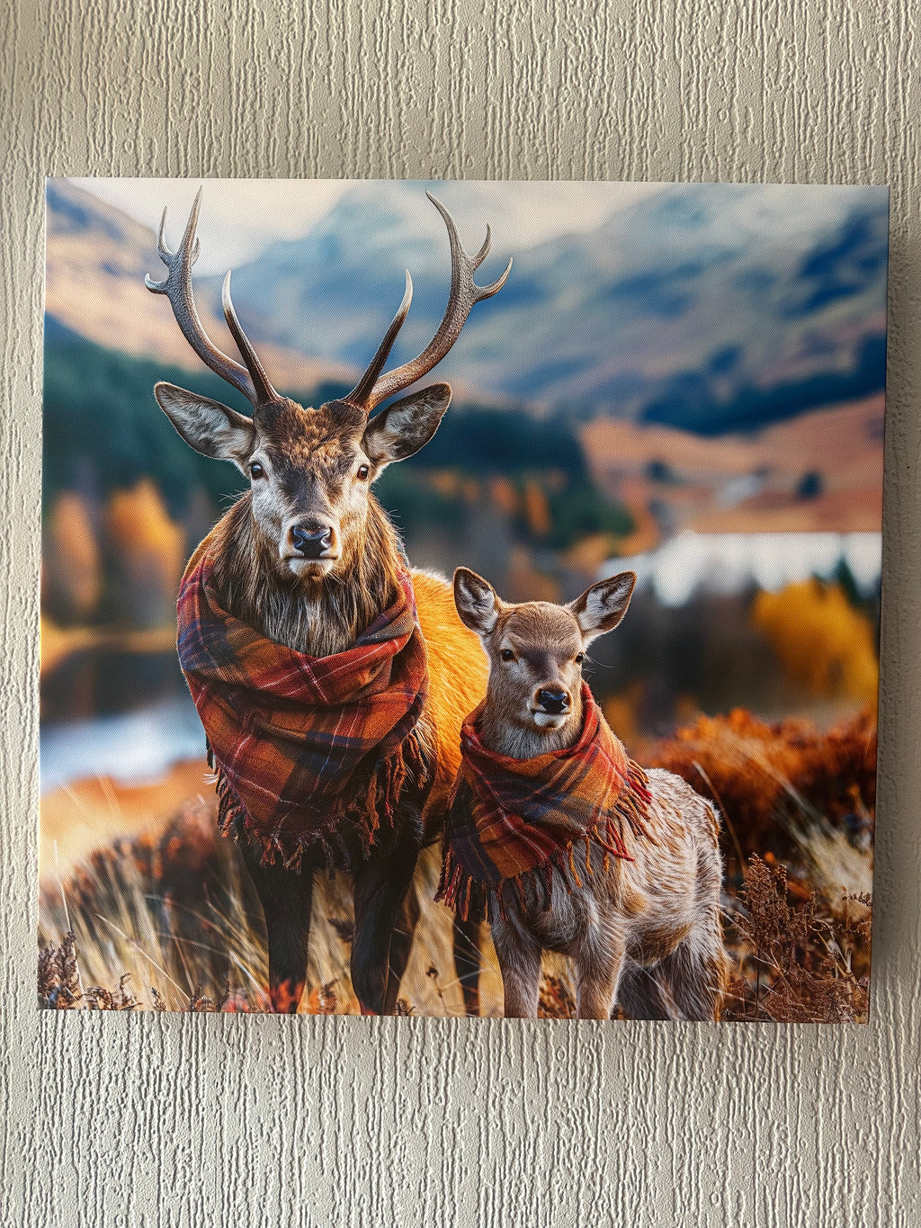 Deer wearing a plaid scarf with a mountainous background