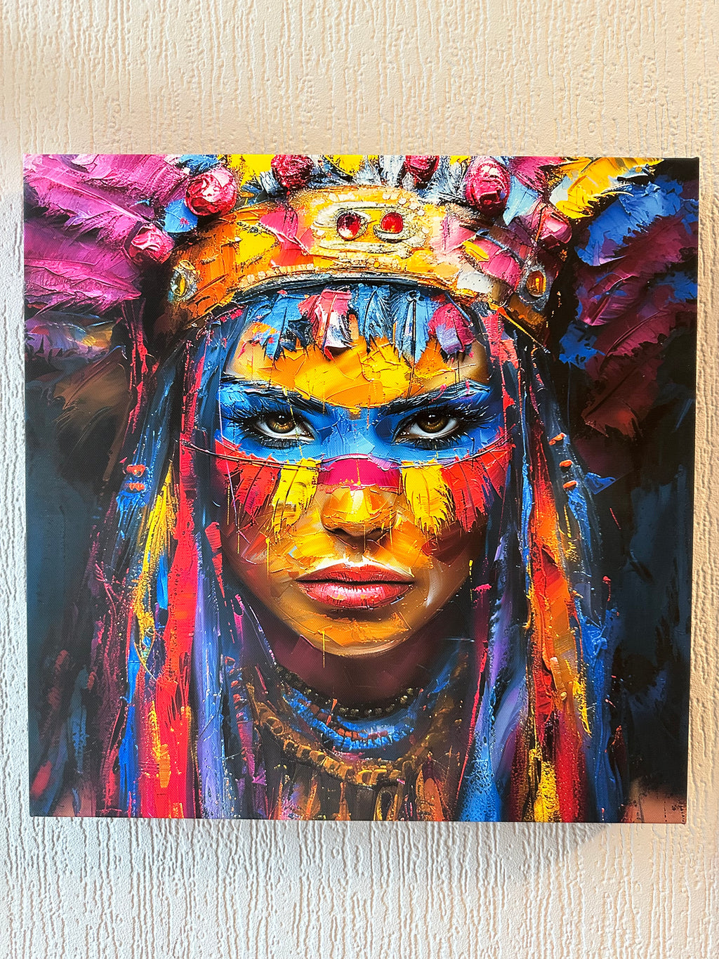 Colorful abstract painting of a face on a textured surface