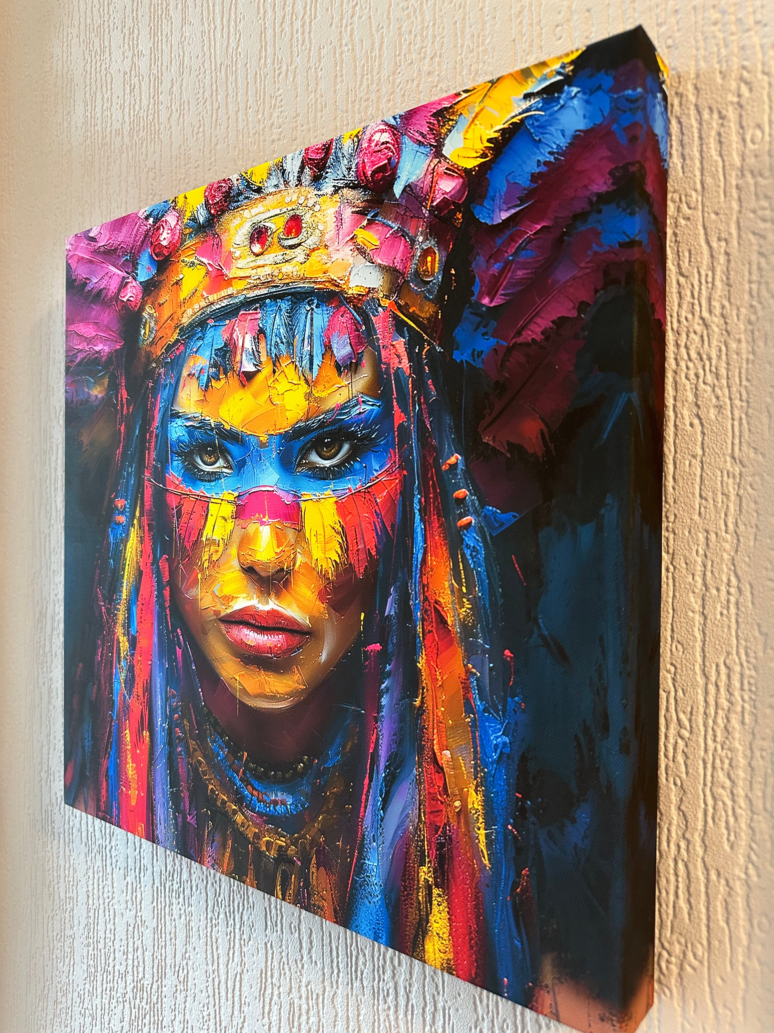Colorful abstract painting of a face on a textured surface