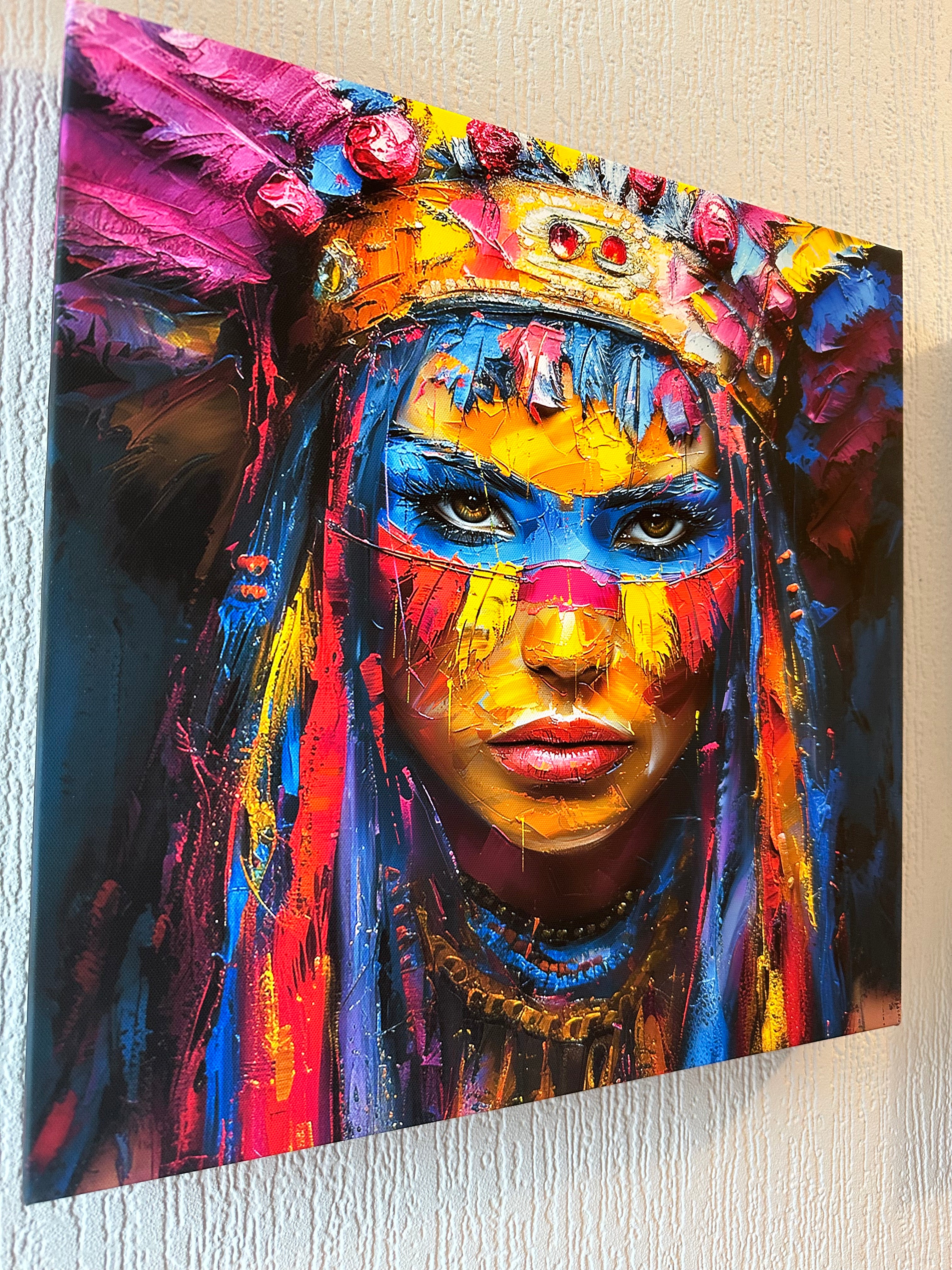 Colorful abstract painting of a face on a textured surface