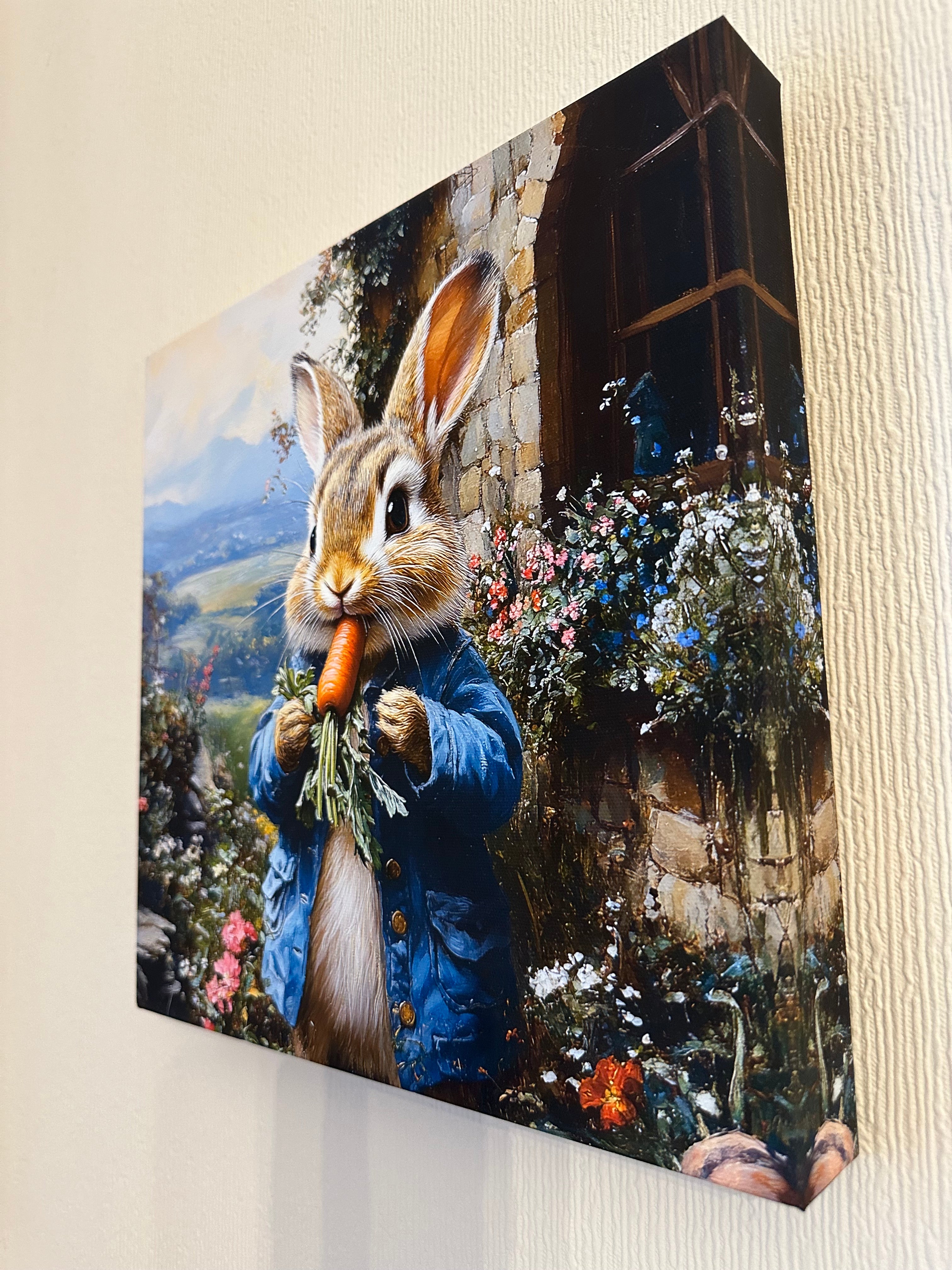 Framed artwork of a rabbit with flowers and a carrot on a textured wall.