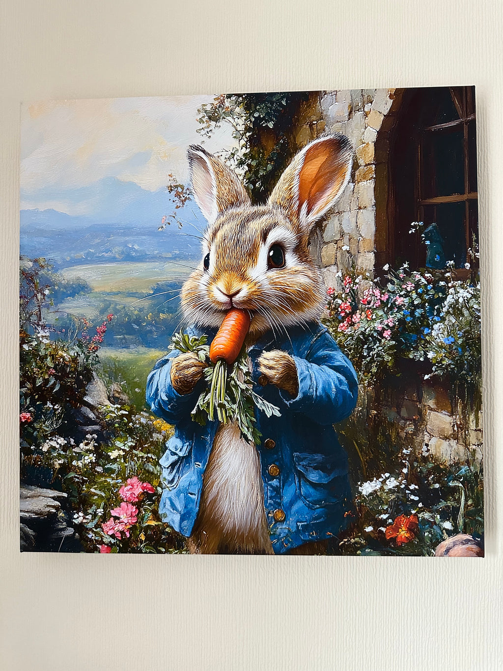 Peter rabbit and person design, featuring a carrot and flowers.