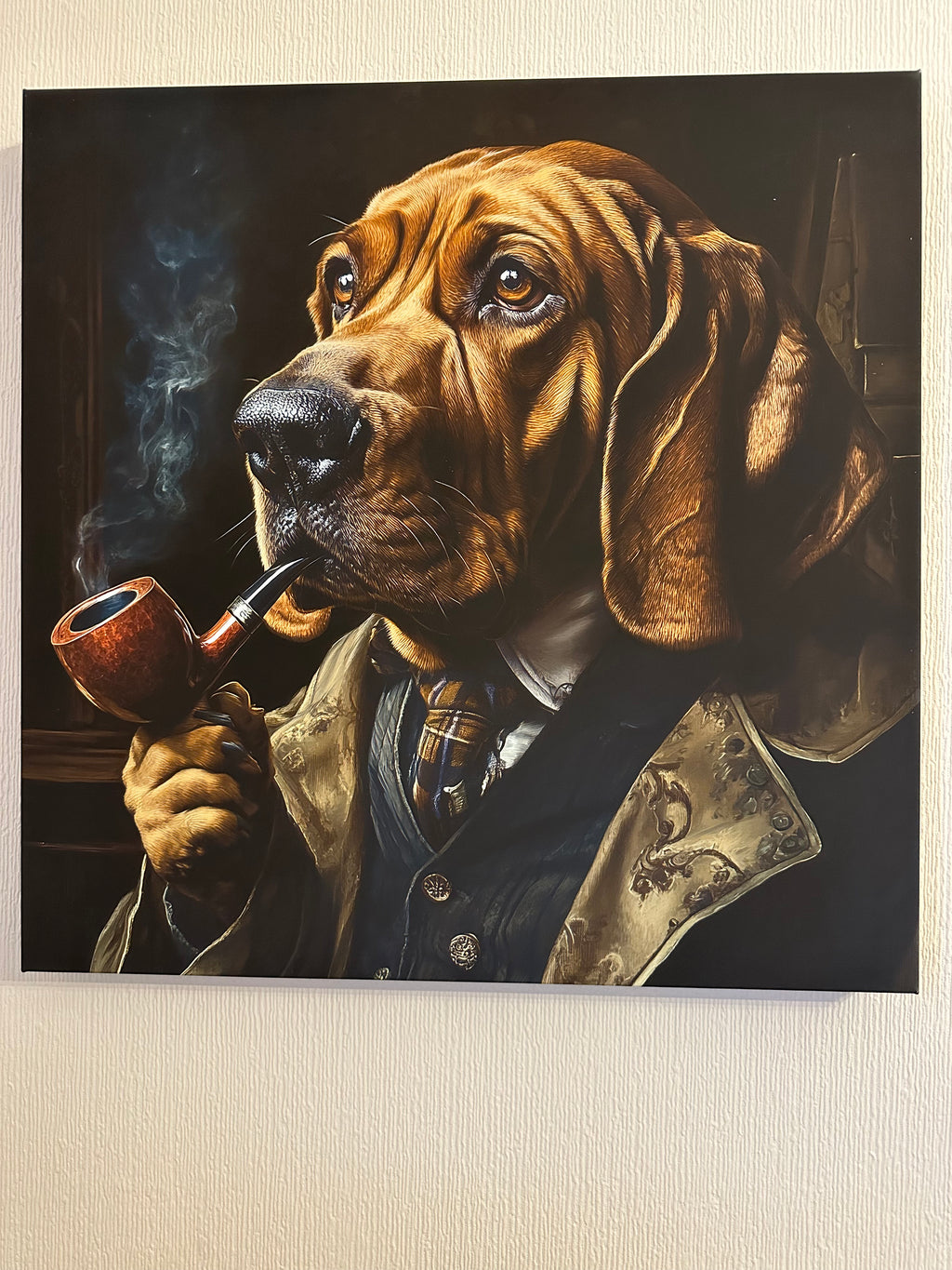 Artistic depiction of a dog with a pipe, resembling a classical painting style.