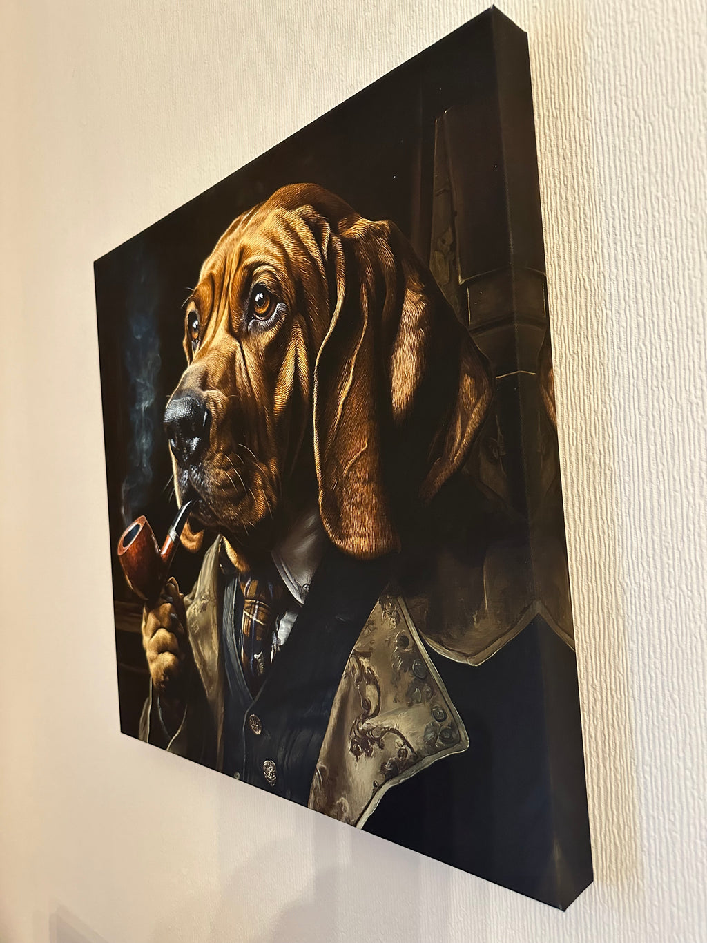 Artistic depiction of a dog with a pipe a textured wall.