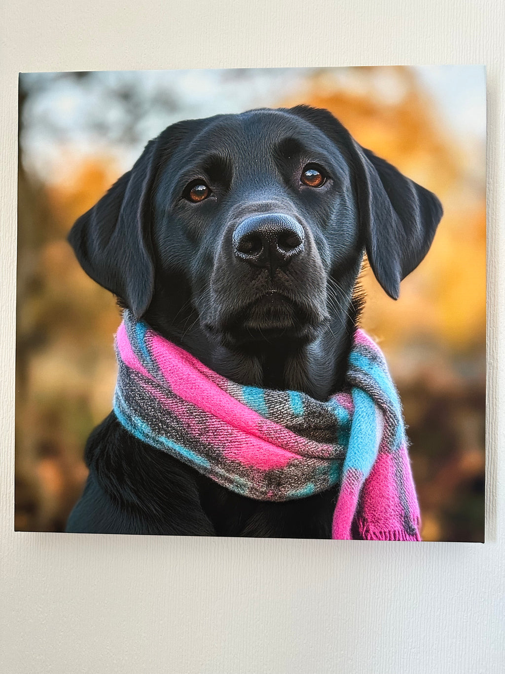 Black dog wearing a colorful scarf with a blurred natural background
