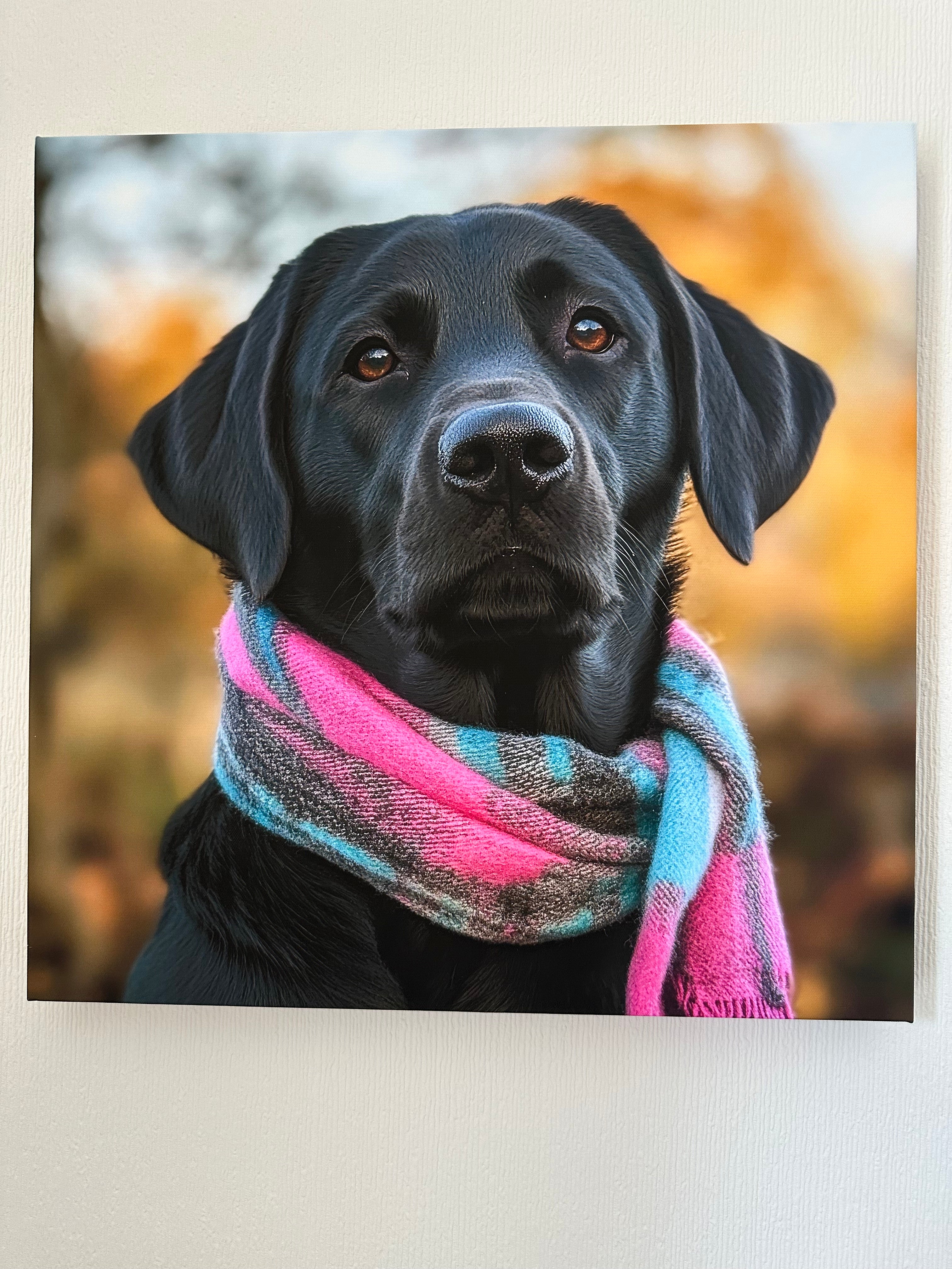 Black dog wearing a colorful scarf with a blurred natural background