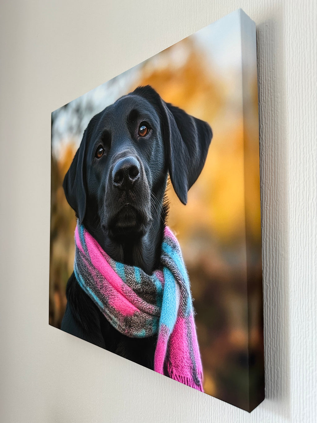 Black dog with a colourful scarf on a blurred natural background