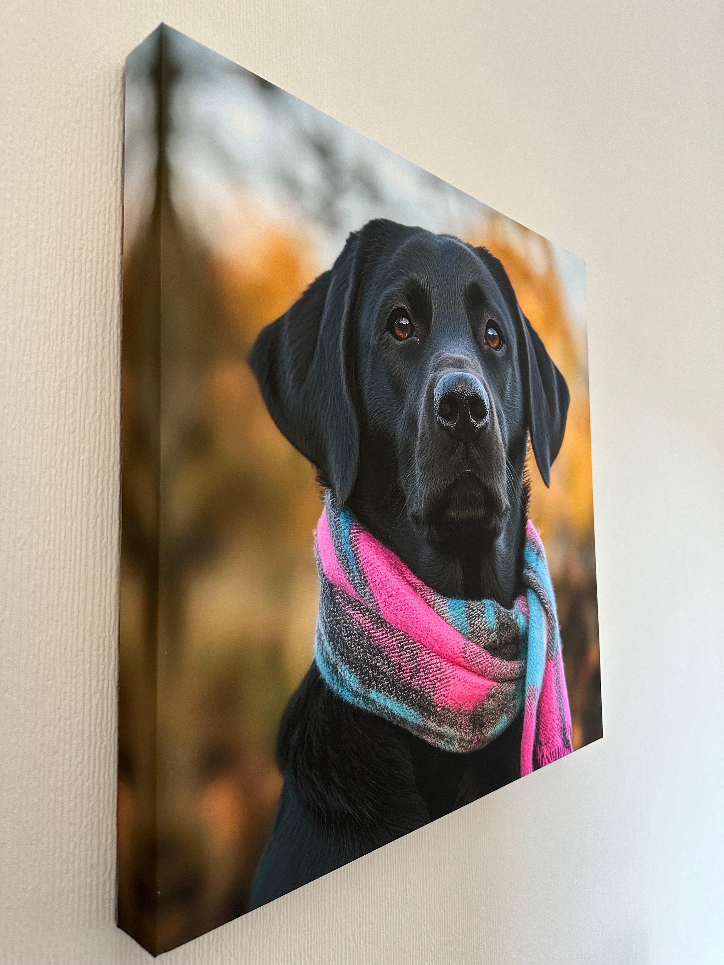 Canvas print of a black dog with colorful scarf on a beige surface
