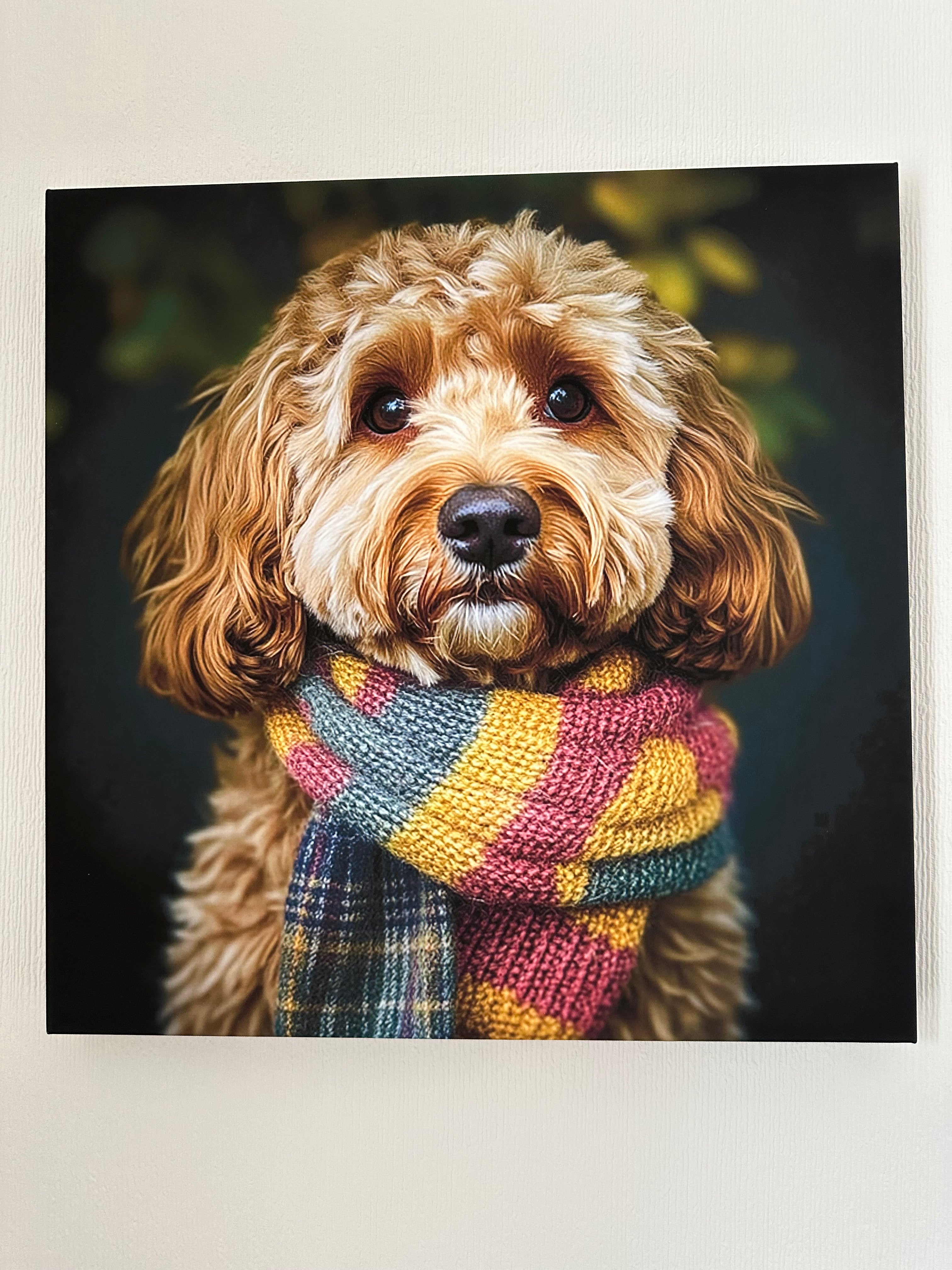 Dog wearing a colourful scarf