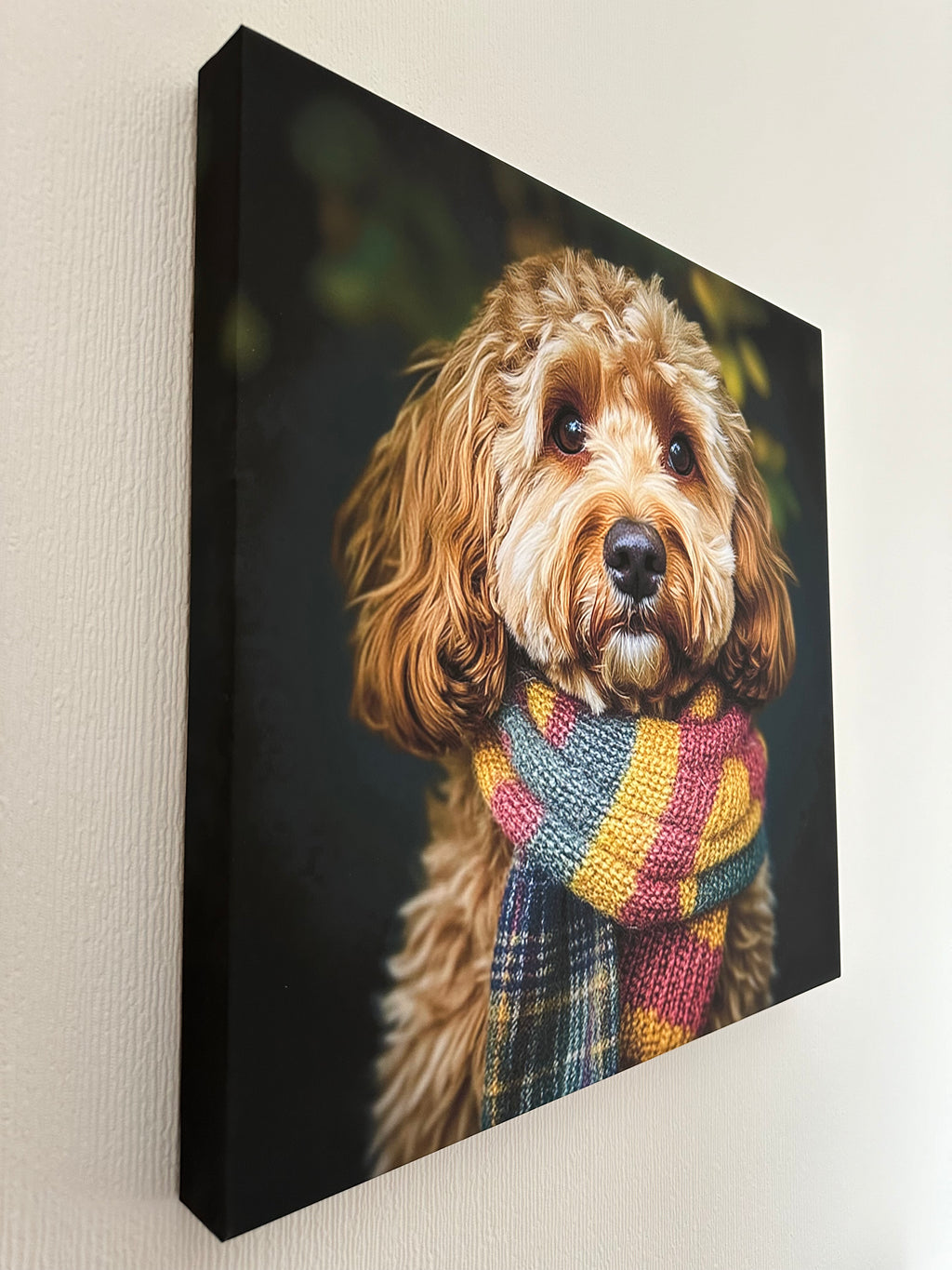 Canvas print of a dog wearing a colorful scarf on a white surface