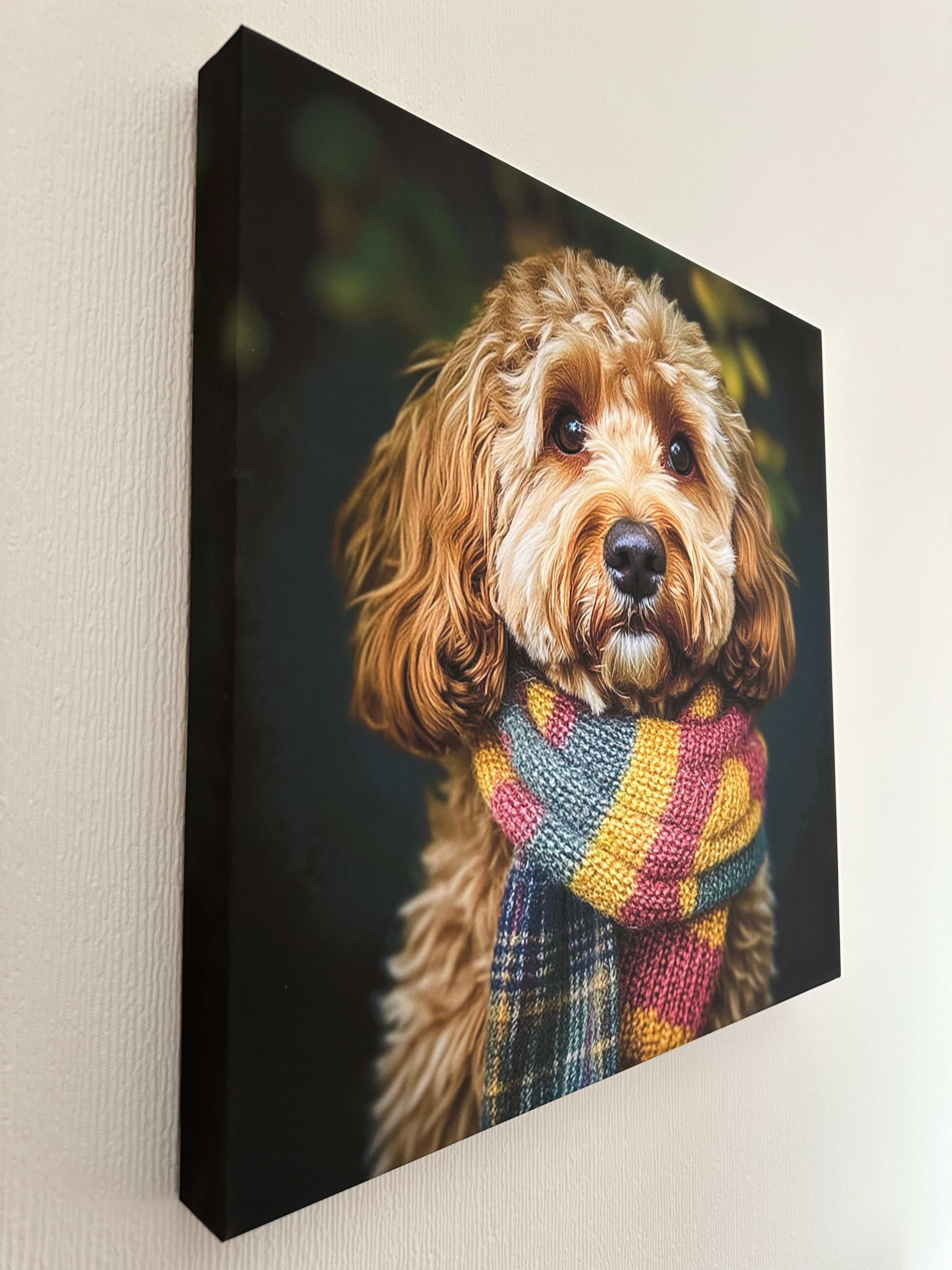 Canvas print of a dog wearing a colorful scarf on a white surface