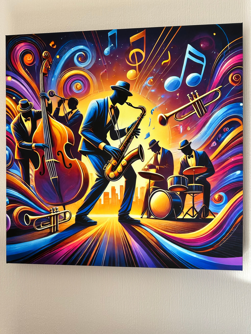 Colorful abstract artwork of musicians and instruments on a white wall.
