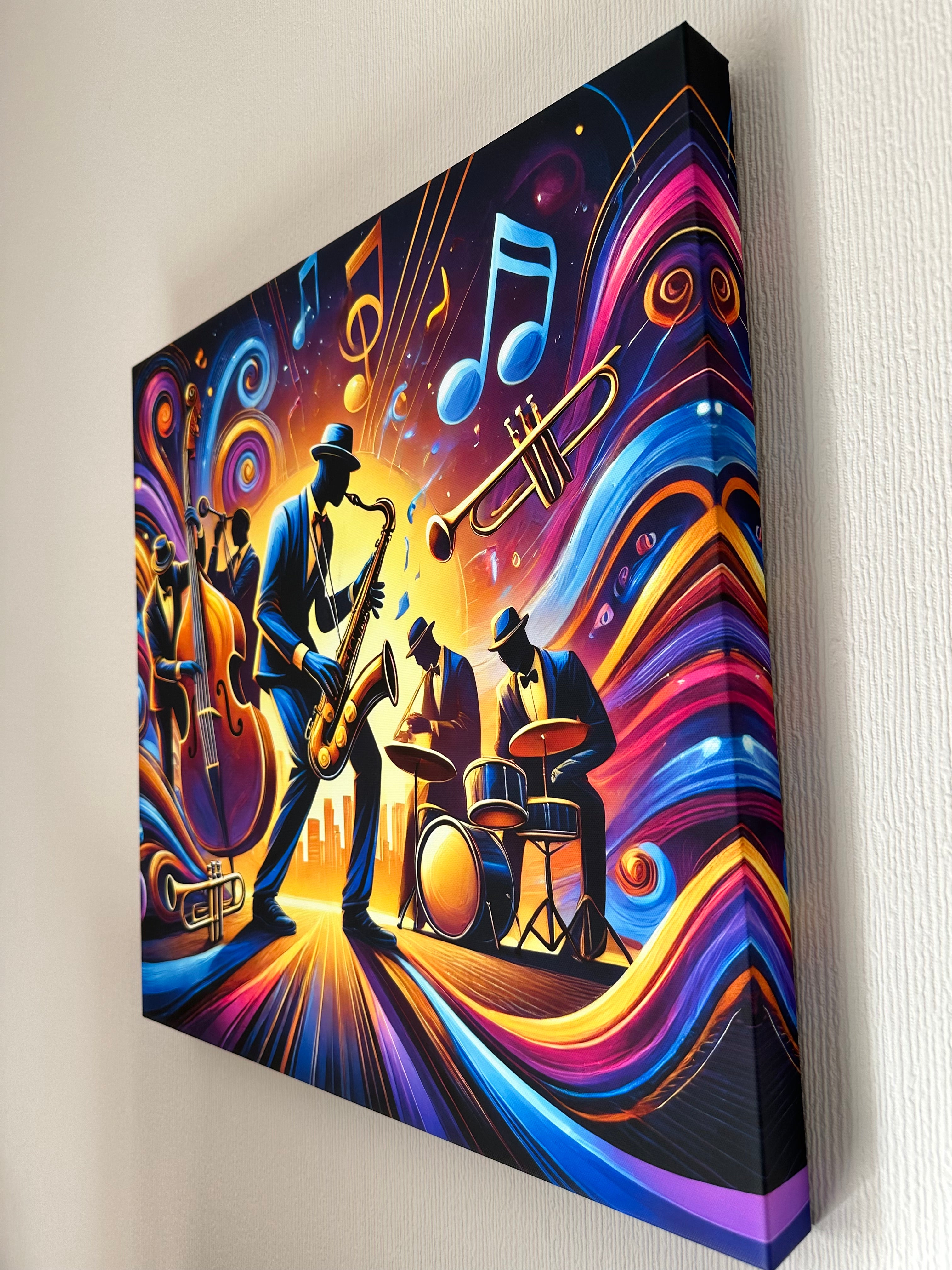 Colorful abstract painting of musical instruments on a white wall