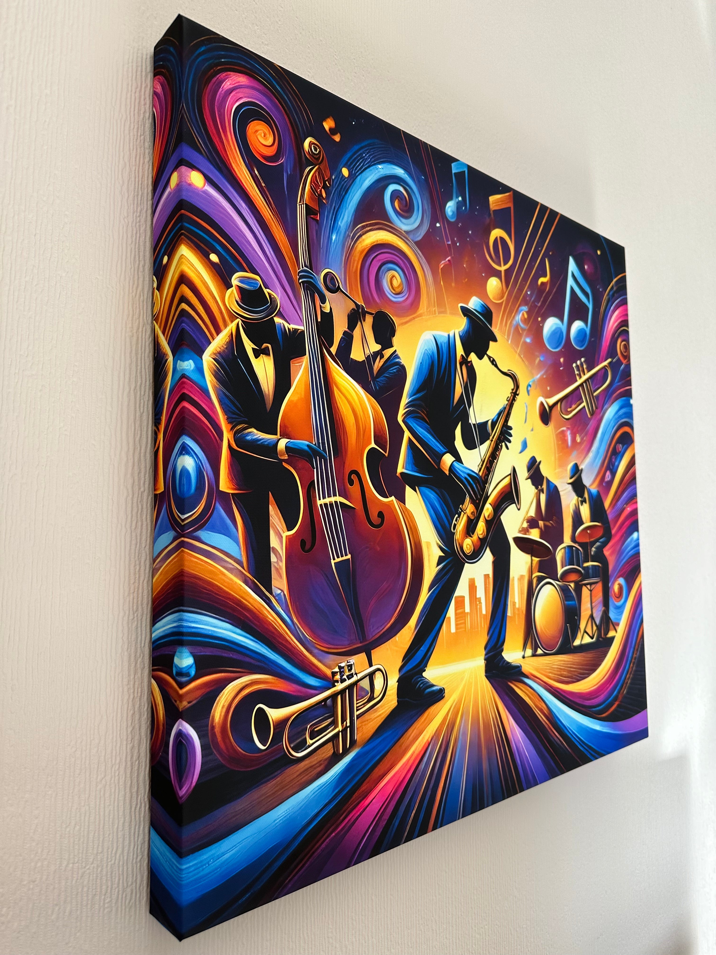 Colorful abstract painting of musicians playing instruments on a textured surface