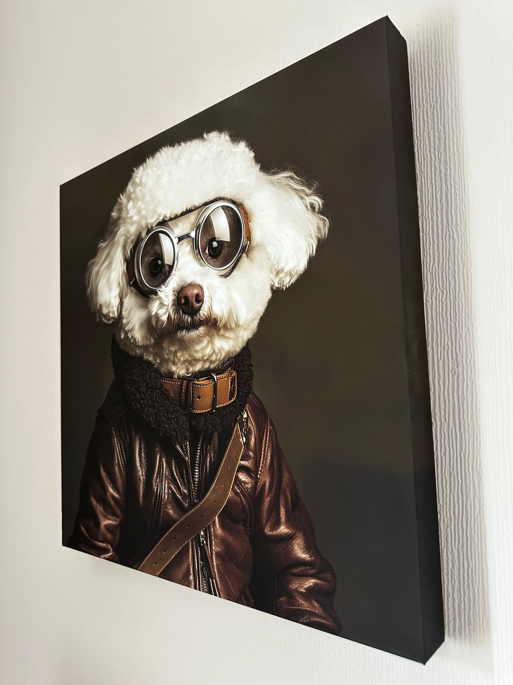 Canvas print of a dog wearing sunglasses and a leather jacket on a white background