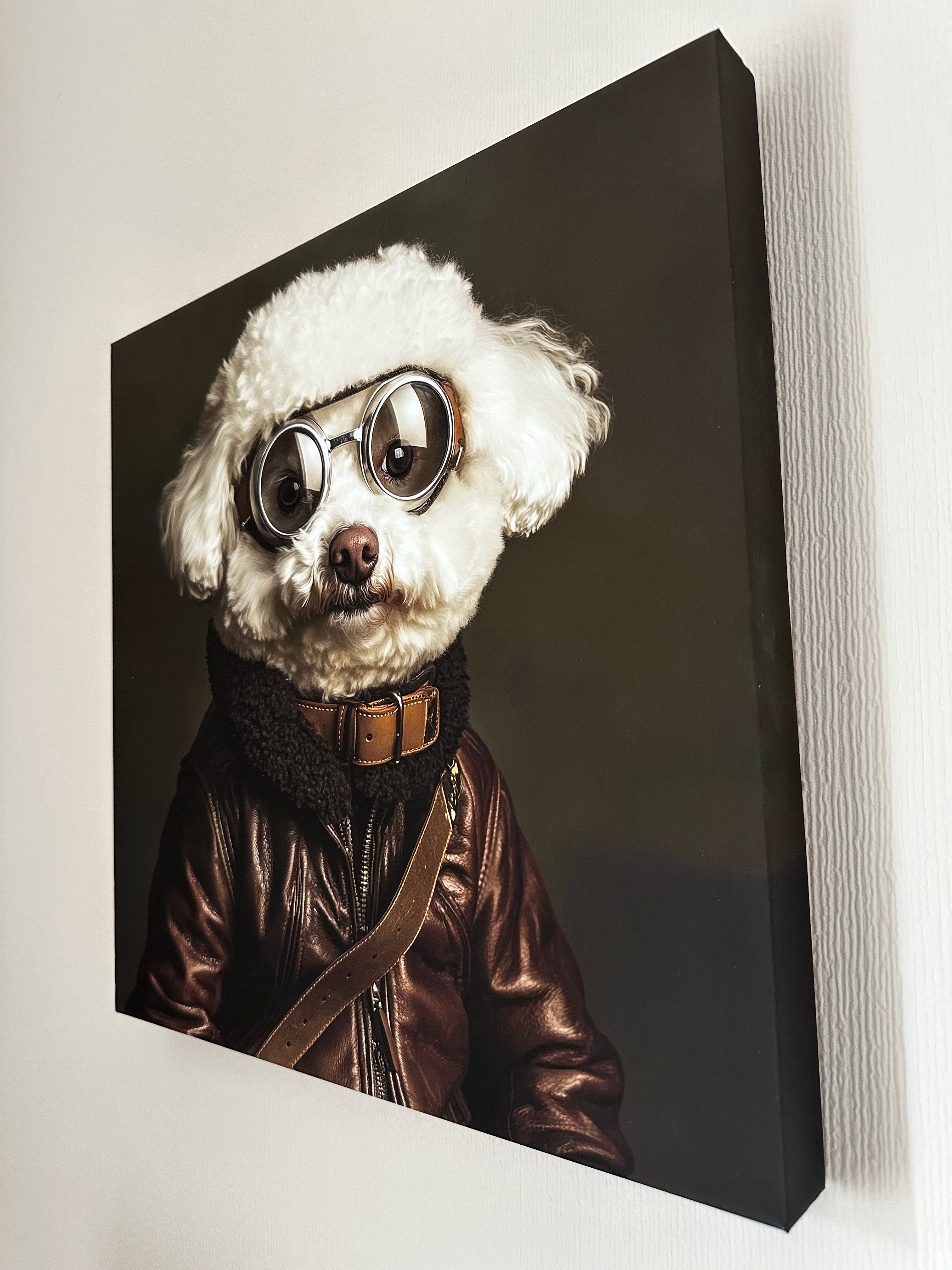 Canvas print of a dog wearing sunglasses and a leather jacket on a white background