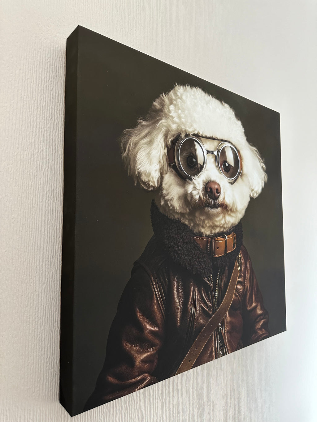 Canvas print of a dog wearing goggles and a leather outfit on a white background
