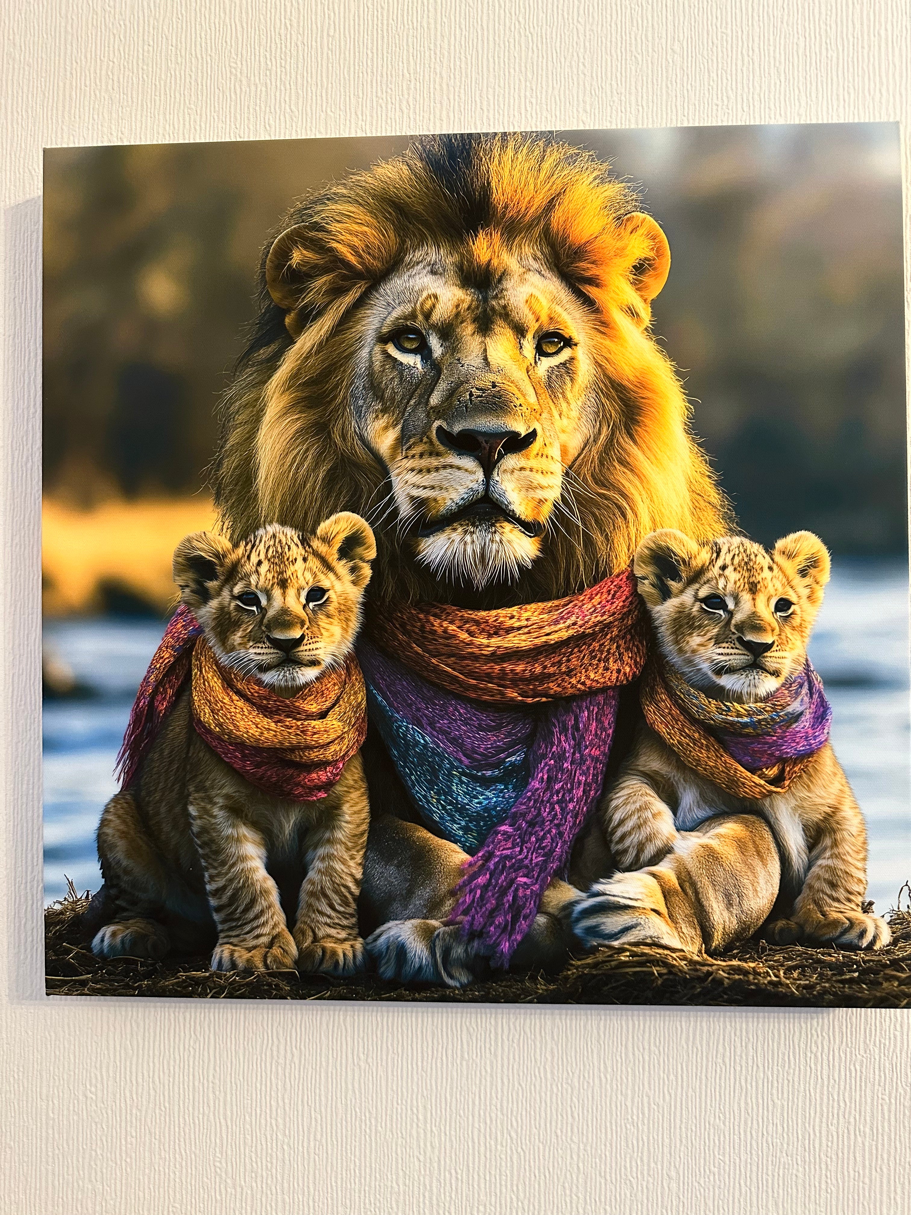 Lion and two cubs wearing colorful scarves against a natural background