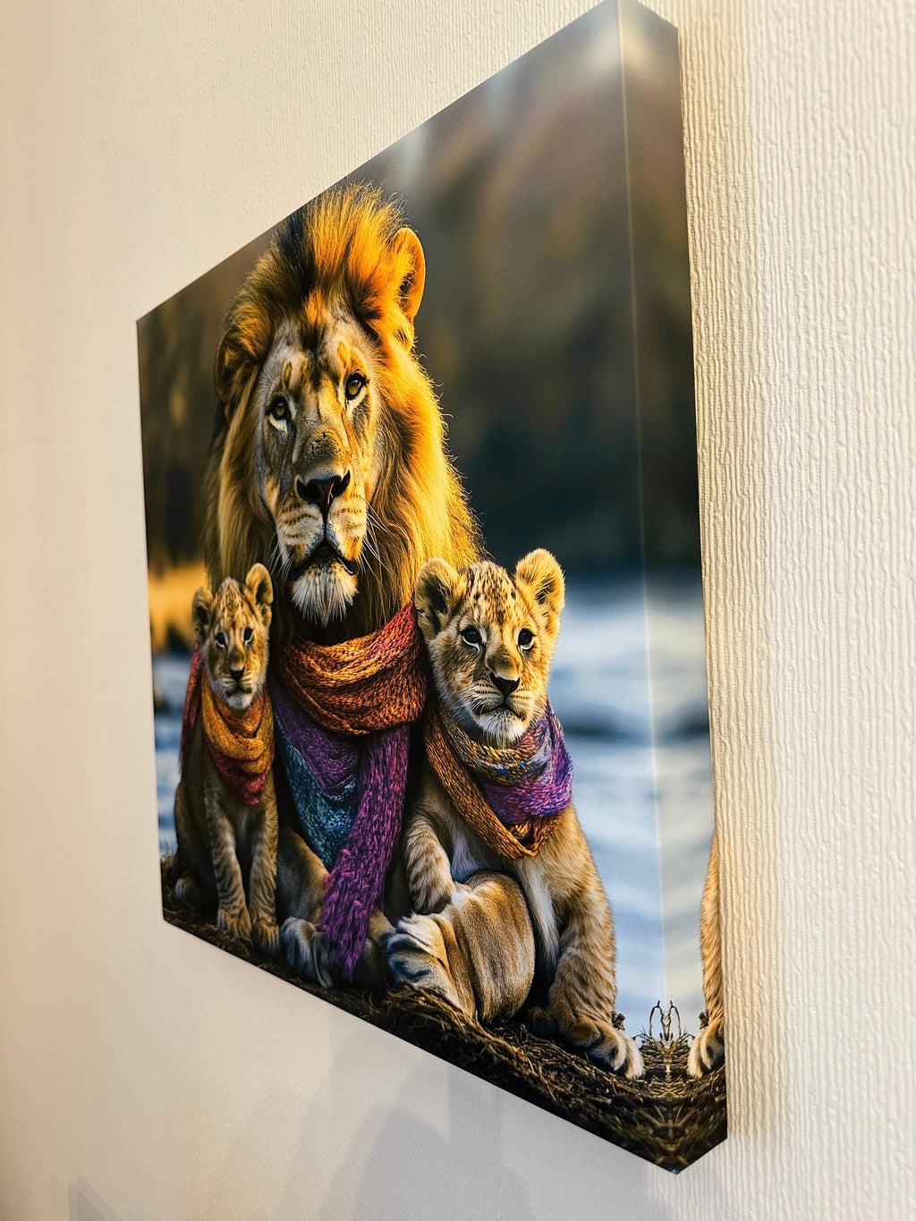 Two lions wearing colorful scarves on a decorative wall panel.