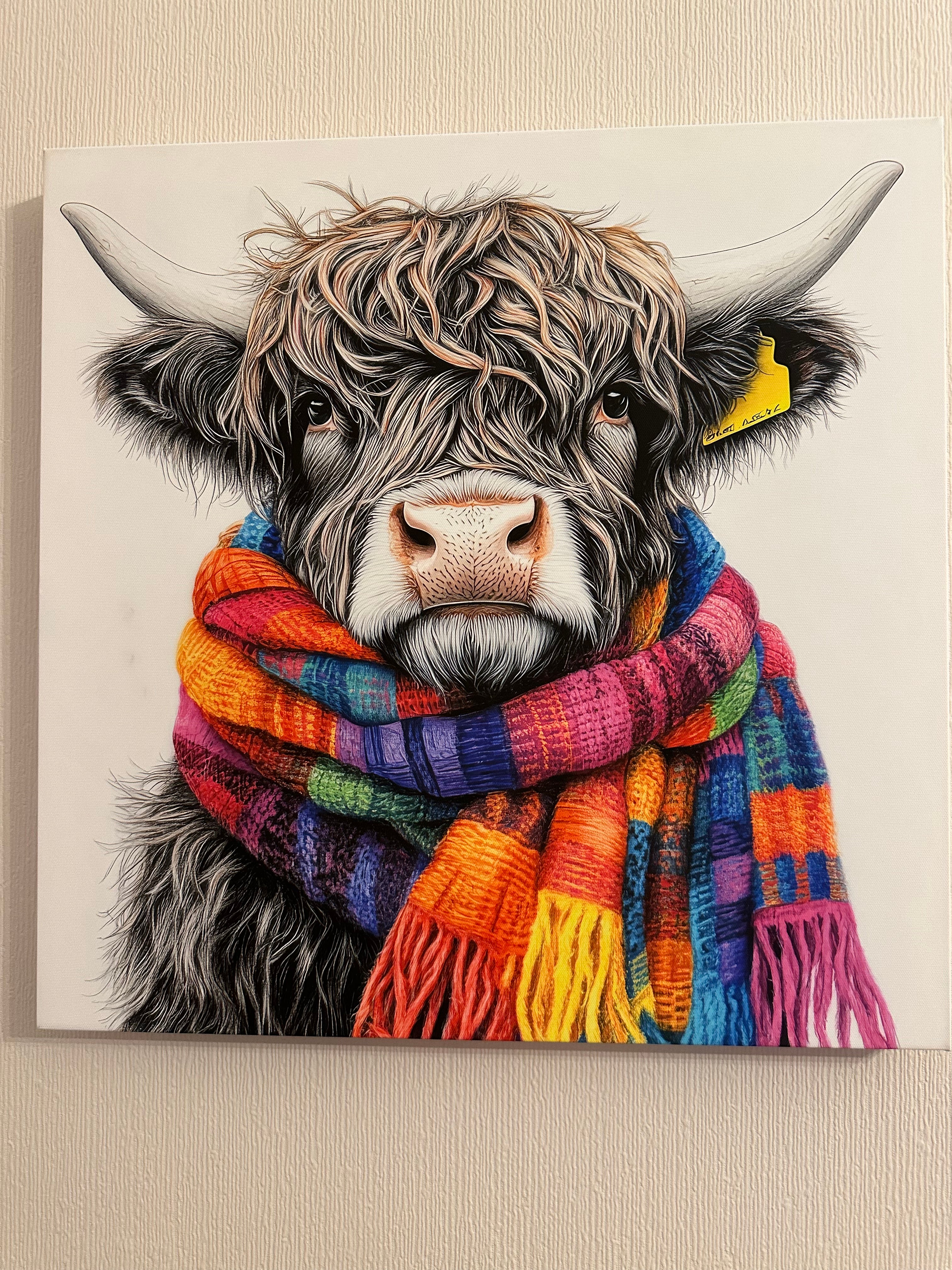 Print of a highland cow wearing a colorful scarf 