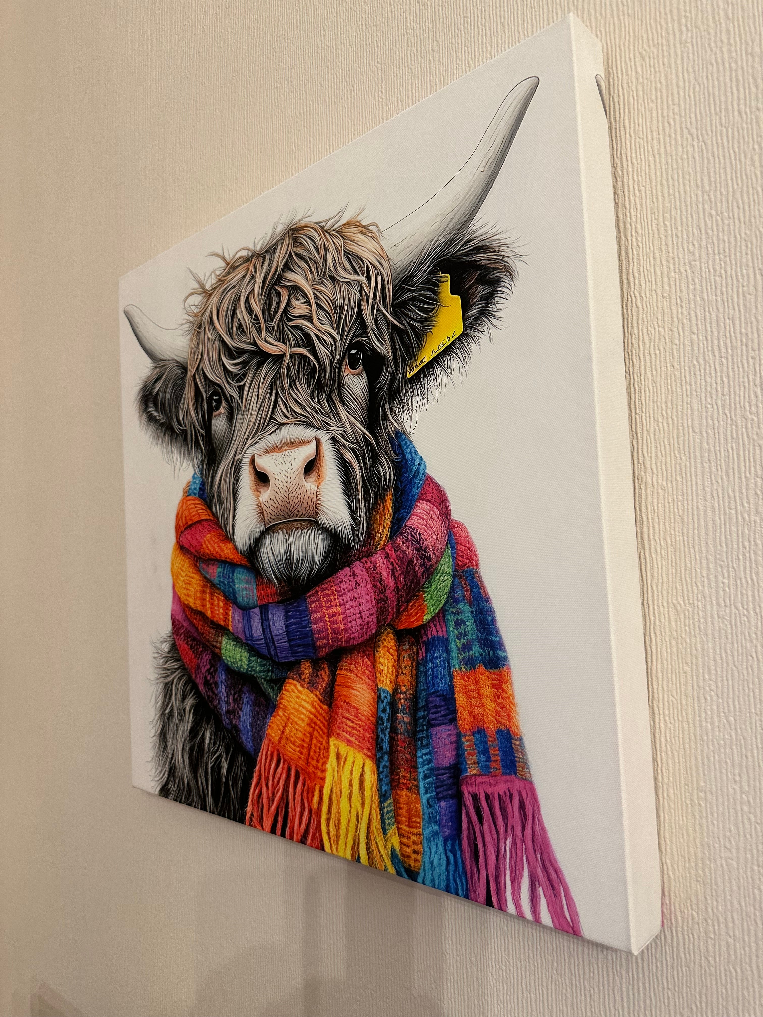 Canvas print of a highland cow wearing a colourful scarf