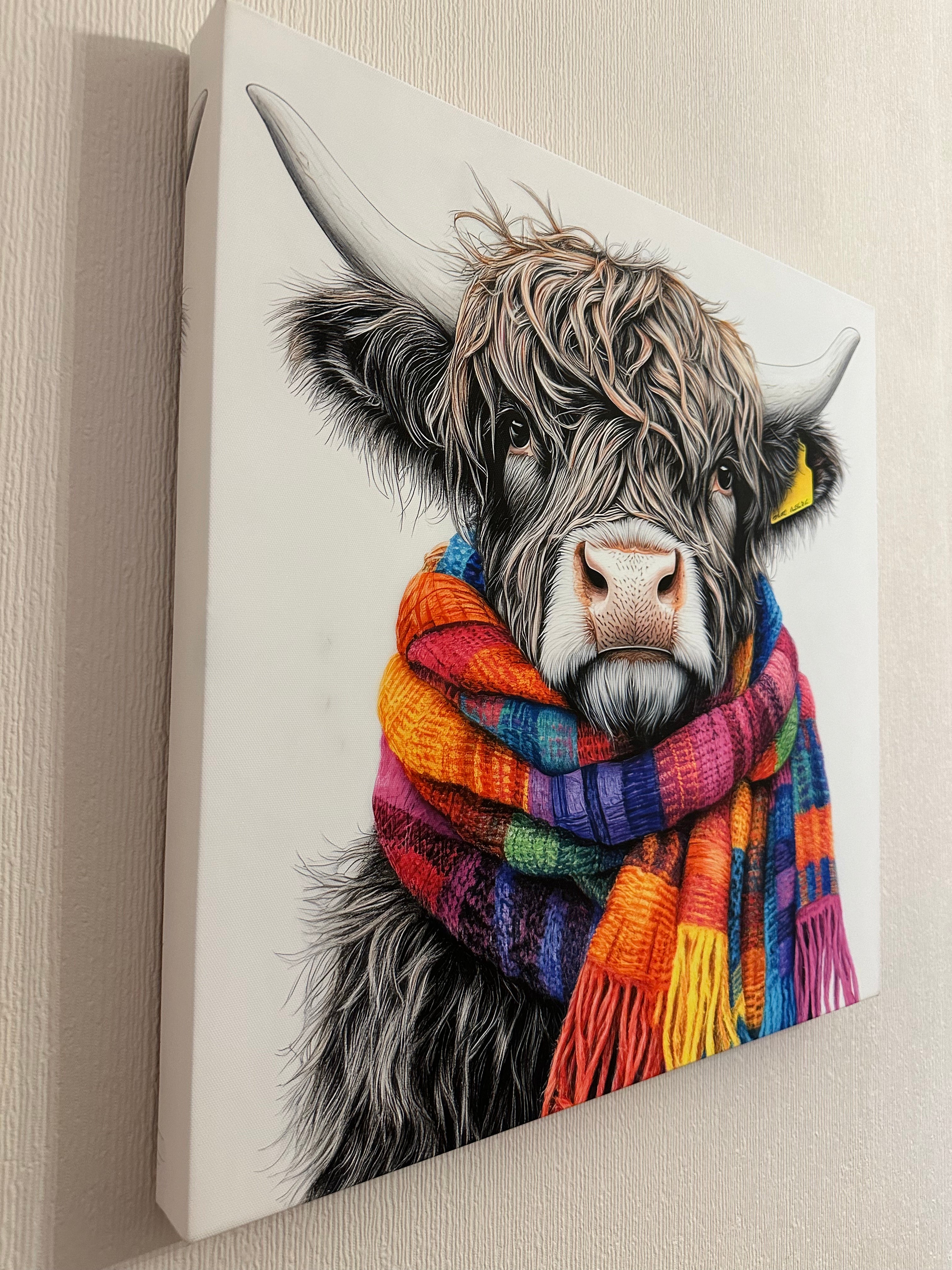Canvas print of a cow wearing a colorful scarf on a white surface.
