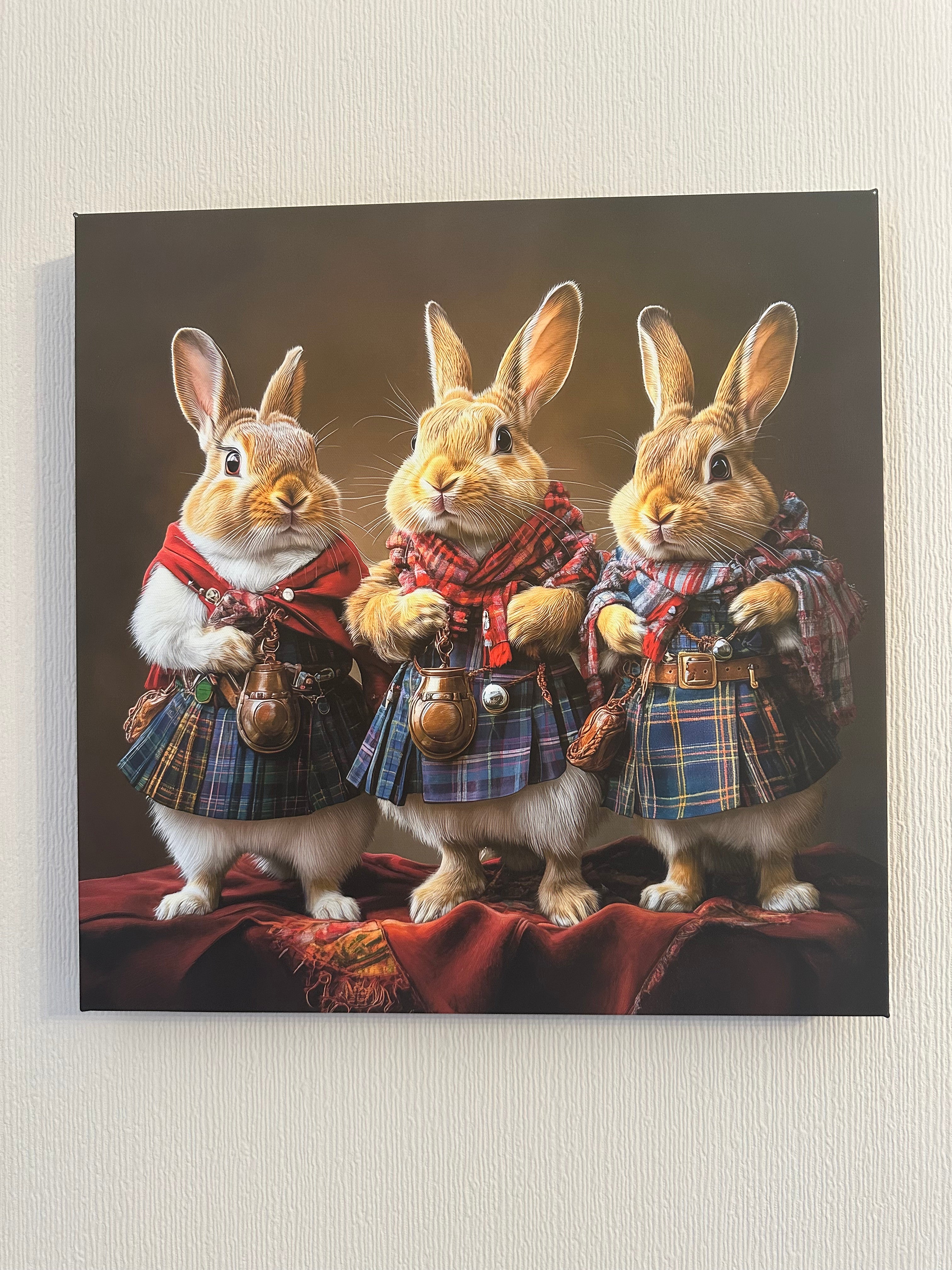 rabbits in plaid clothing on a dark background